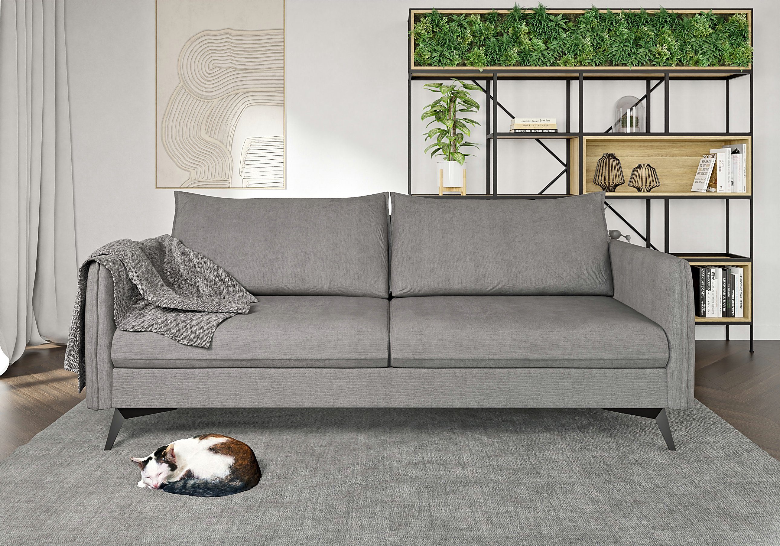 S-Style Möbel Metall Azalea Schwarz Sofa mit Füßen, 3-Sitzer mit Modernes Wellenfederung Grau
