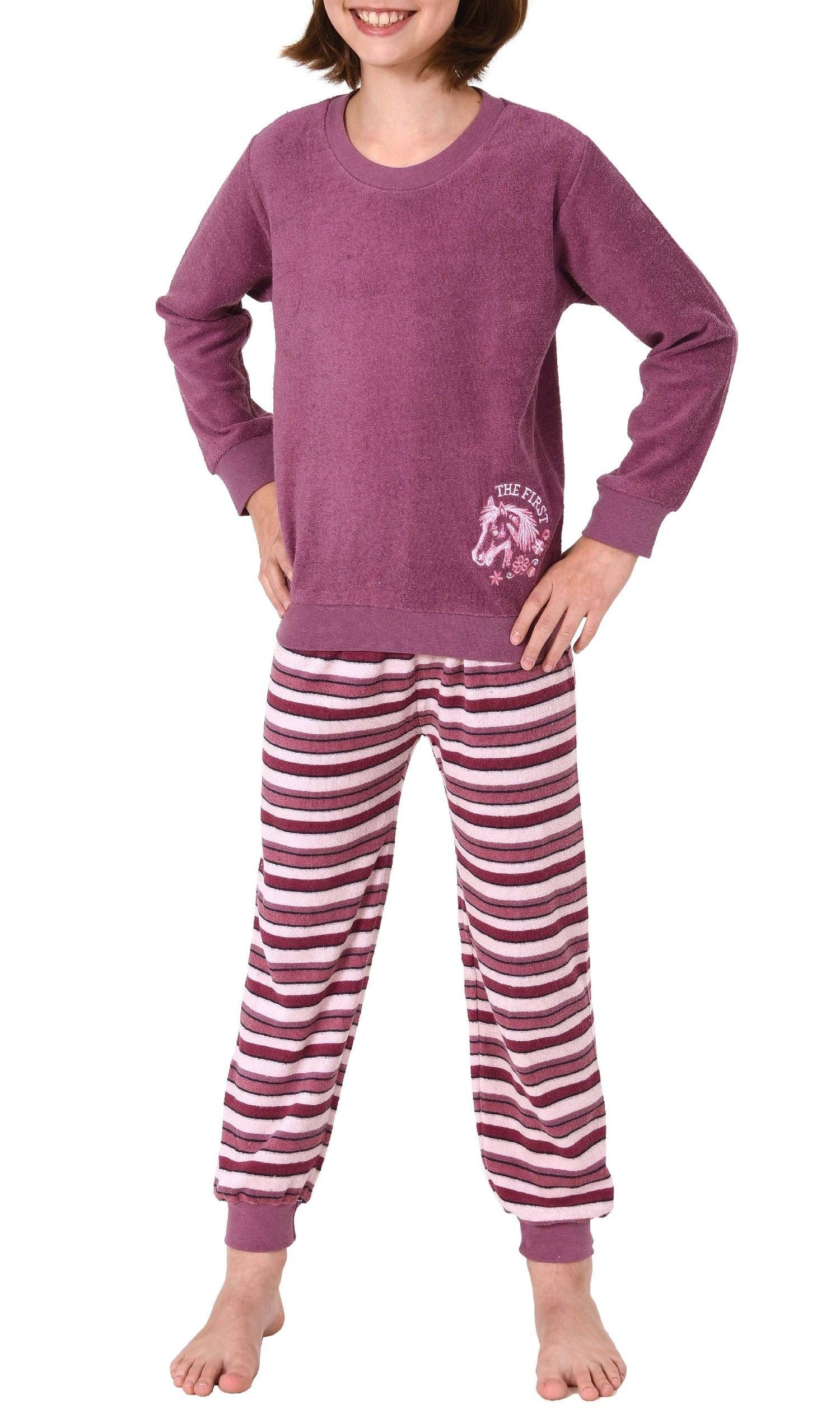 Normann Pyjama Mädchen Frottee Schlafanzug langarm mit Bündchen und Pferd als Motiv