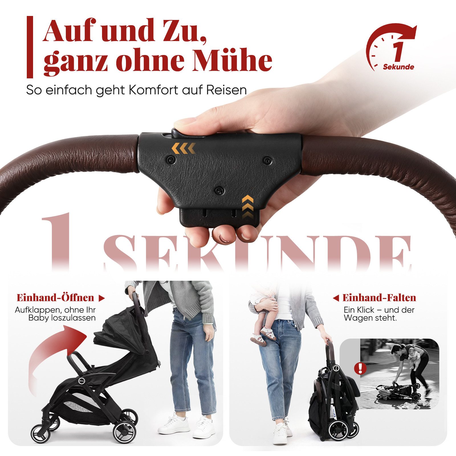 Sekey Kinder-Buggy mit Regenschutz, 3-fach verstellbar Reise Kinderwagen für Flugzeug, Einhand-Faltmechanismus, 4-Rad-Federung, 5-Punkt-Gurt, Sichtfenster