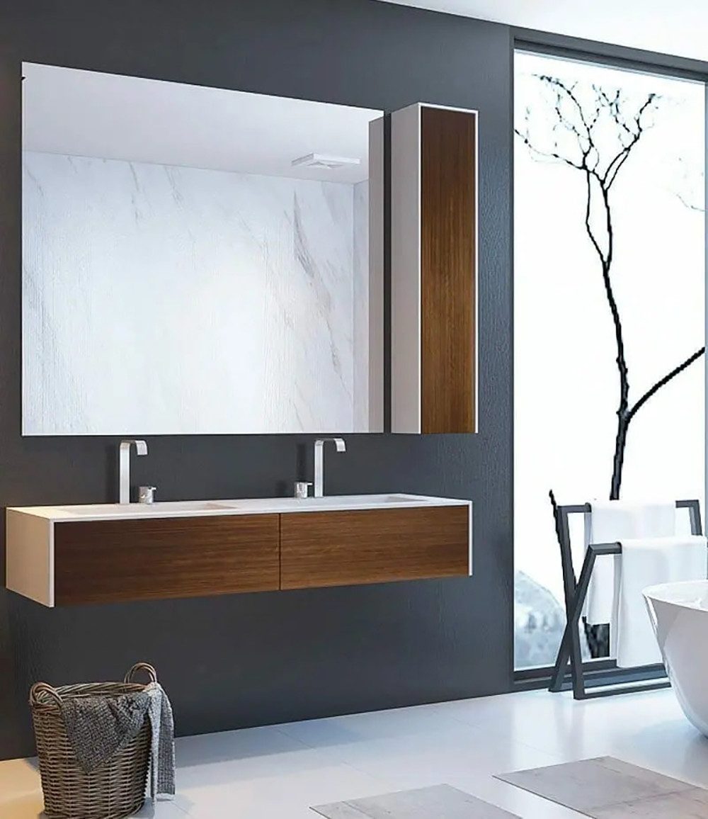 Henneke Doppelwaschtisch Corian® WoodOne eckig mit Unterschrank einreihig, Fugenlos aus Mineralwerkstoff