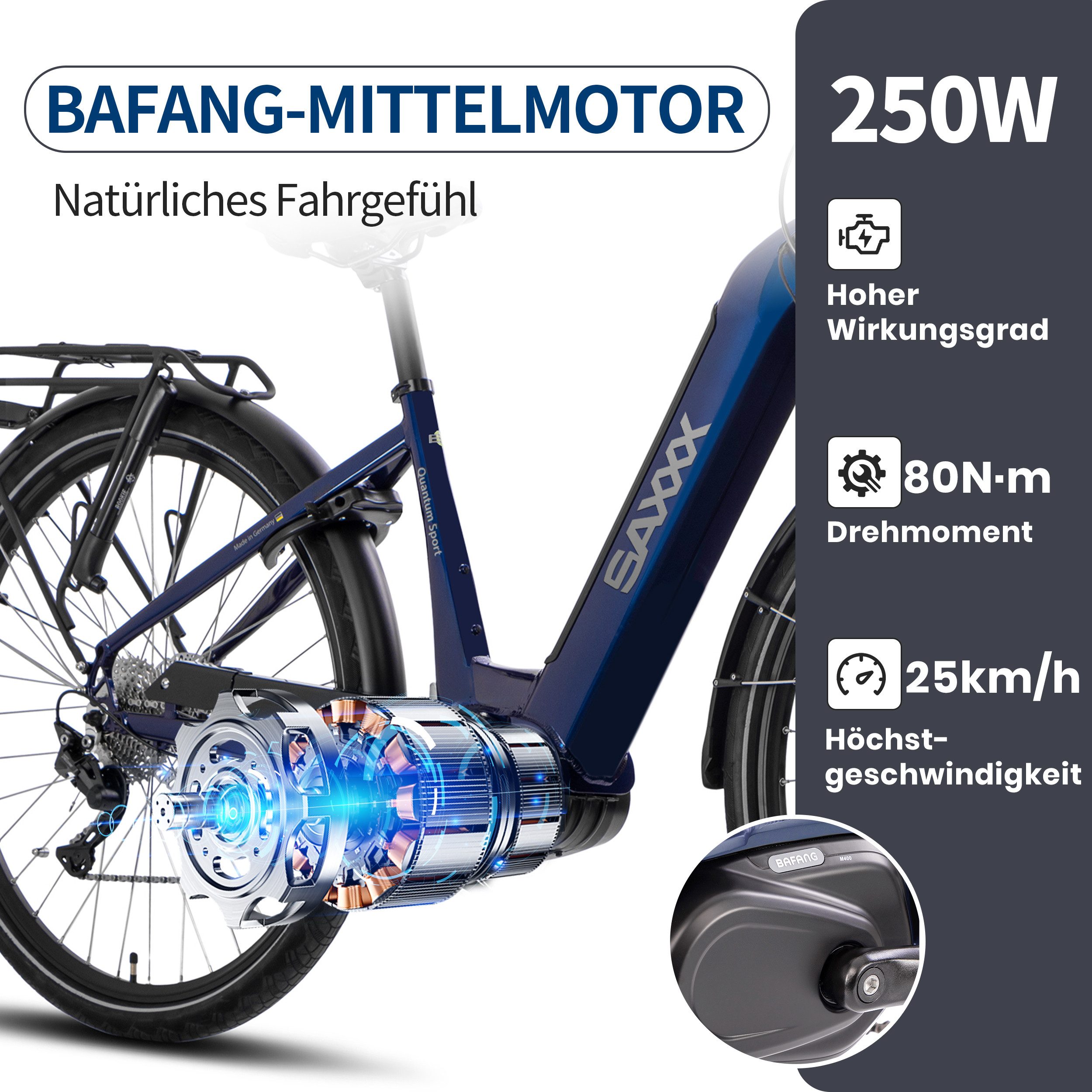 SAXXX E-Bike Trekkingrad QSW Komfort-Pedelec Damen Herren 28 Zoll, 10 Gang SHIMANO Deore Schaltwerk, Kettenschaltung, Mittelmotor, 540 Wh, (mit entnehmbarem Akku, mit Akku-Schlüssel, mit Gepäckträger), Tiefer Einstieg, Federgabel, 130 kg Gesamtgewicht
