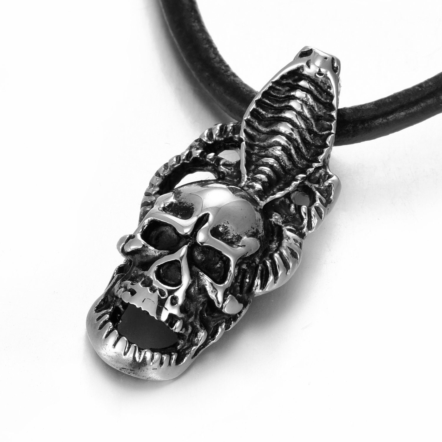 maskuline mit mit 50 Herren-Halskette Lederkette Lederband, Kobra-Totenkopf (1-tlg), Kette im DonDon cm Anhänger Anhänger, Halskette Samtbeutel