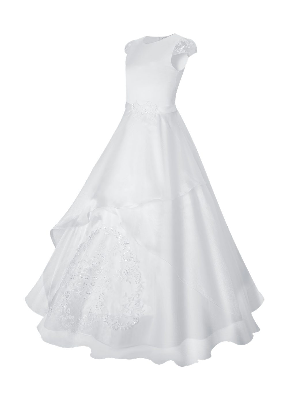 Märchenburg Satinkleid Eleganza Blanca Kommunionkleid Prinzessinnenkleid m. Spitze & Reifrock - KOMMUNIONKLEID - Lilie 2026 -zarte Spitzenärmel u. feine Stickereien