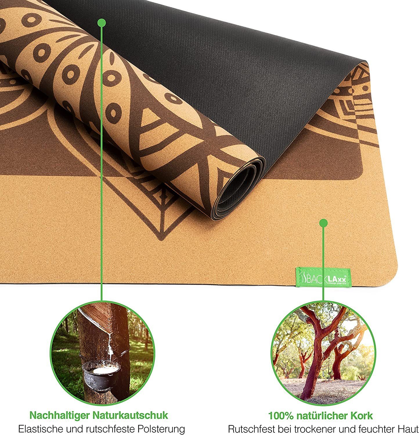BACKLAxx® Yogamatte aus hochwertigem Kork, Gymnastikmatte 183 x 61 x 0,6 cm (Fitnessmatte aus Kork, inkl. Tragegurt & Videokurs), 4 mm stark, aus natürlichen Ro – Bild 4 von 5