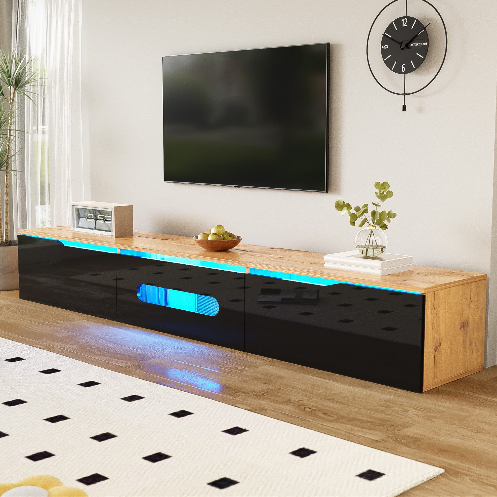 Merax Lowboard (180 L x 35 B x 30 H, 1 St), Hochglanz TV-Schrank mit LED-Beleuchtung und klappbarem Stauraum