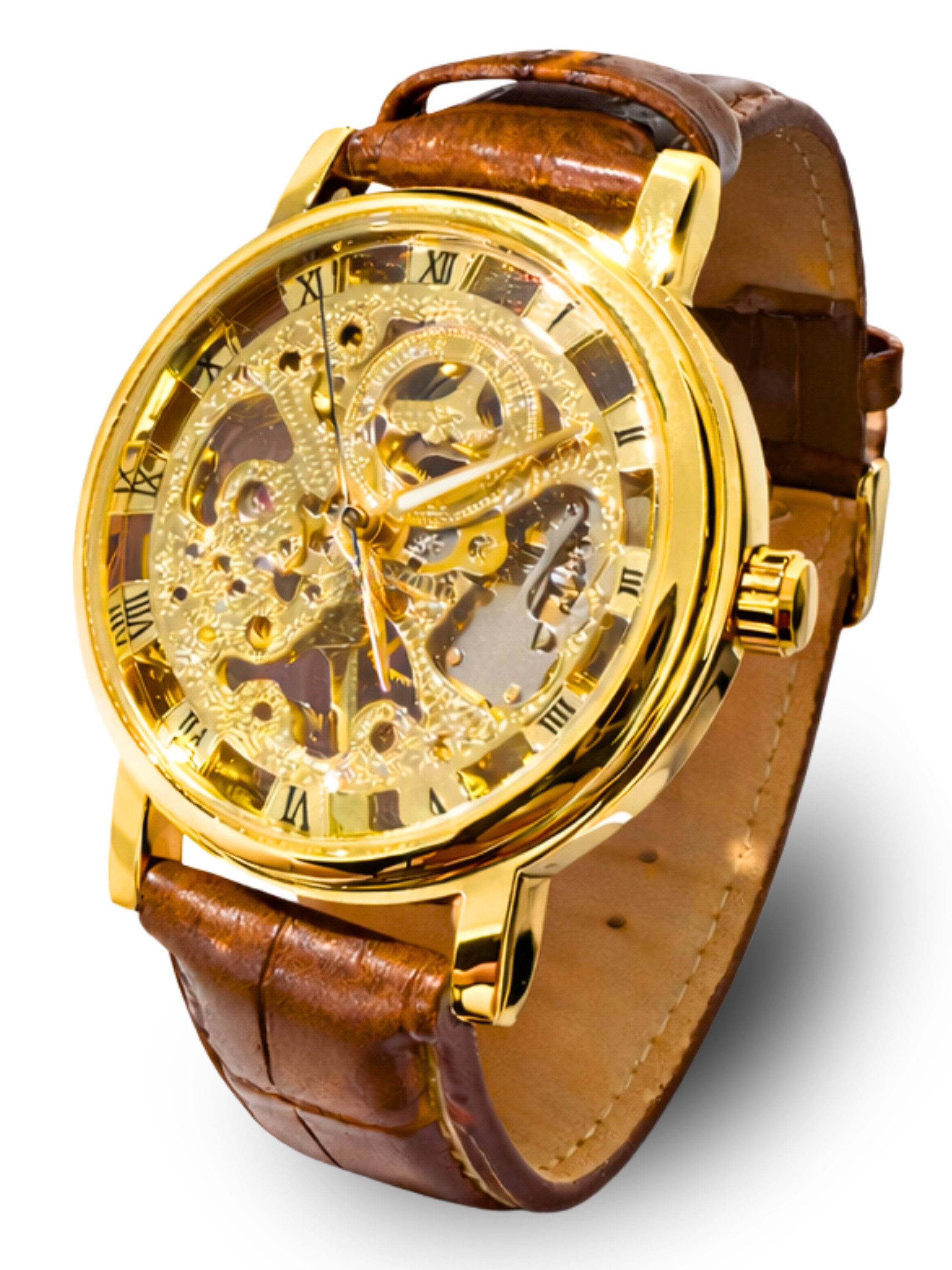 StellarLuma Automatikuhr Herren Automatikuhr Herrenuhr Goldfarbene Uhr Braun mit Uhrenbox StellarLuma Skeleton-Watch, (Set, Herren Automatik uhr inklusive Uhrenbox), Automatik Herrenuhr im Skelett-Design, inklusive hochwertiger Uhrenbox