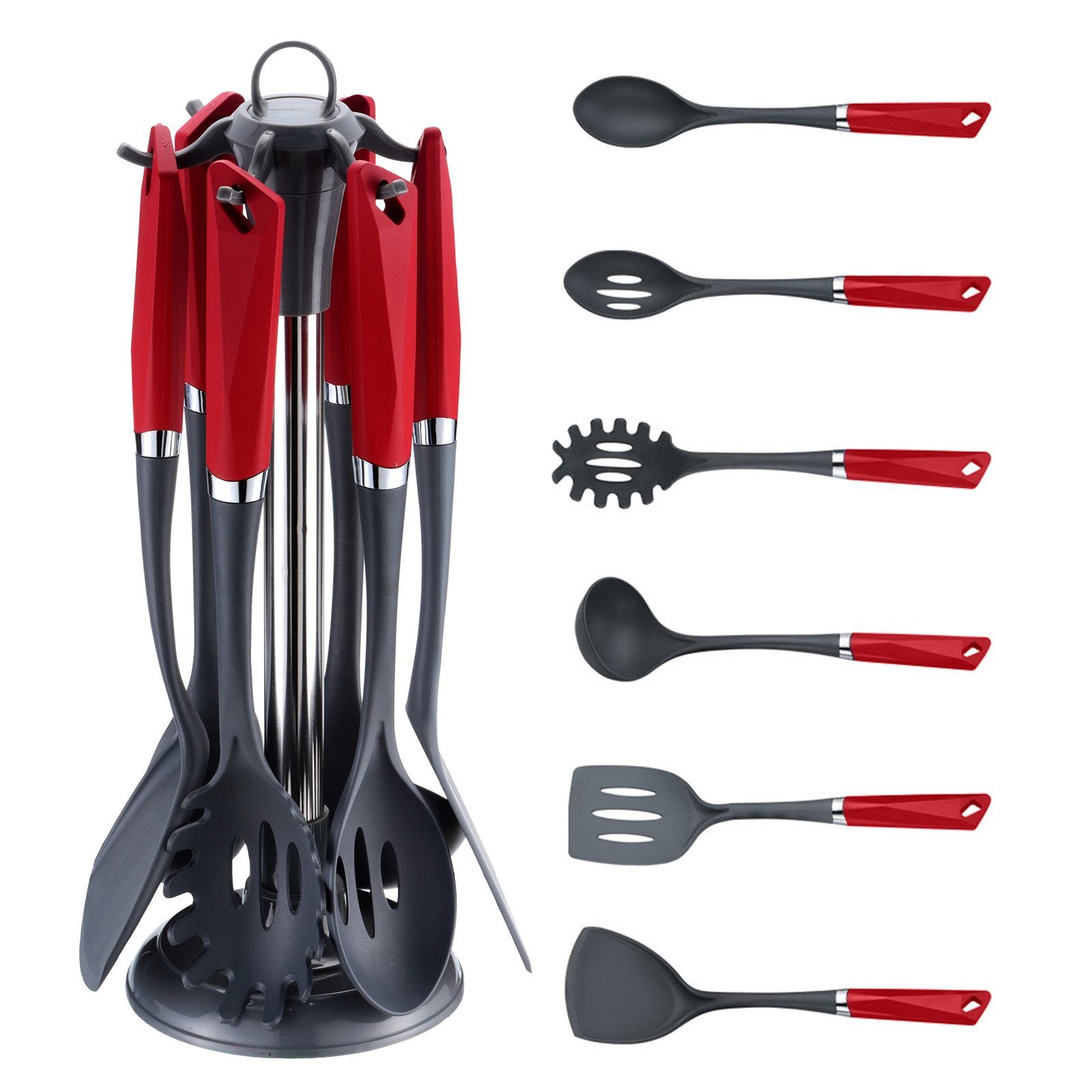 Kochbesteck-Set Küchenhelfer 7-teilig Servierlöffel (7-tlg), Pfannenwender, Schöpfkelle, Spaghettiheber, Rot Michelino