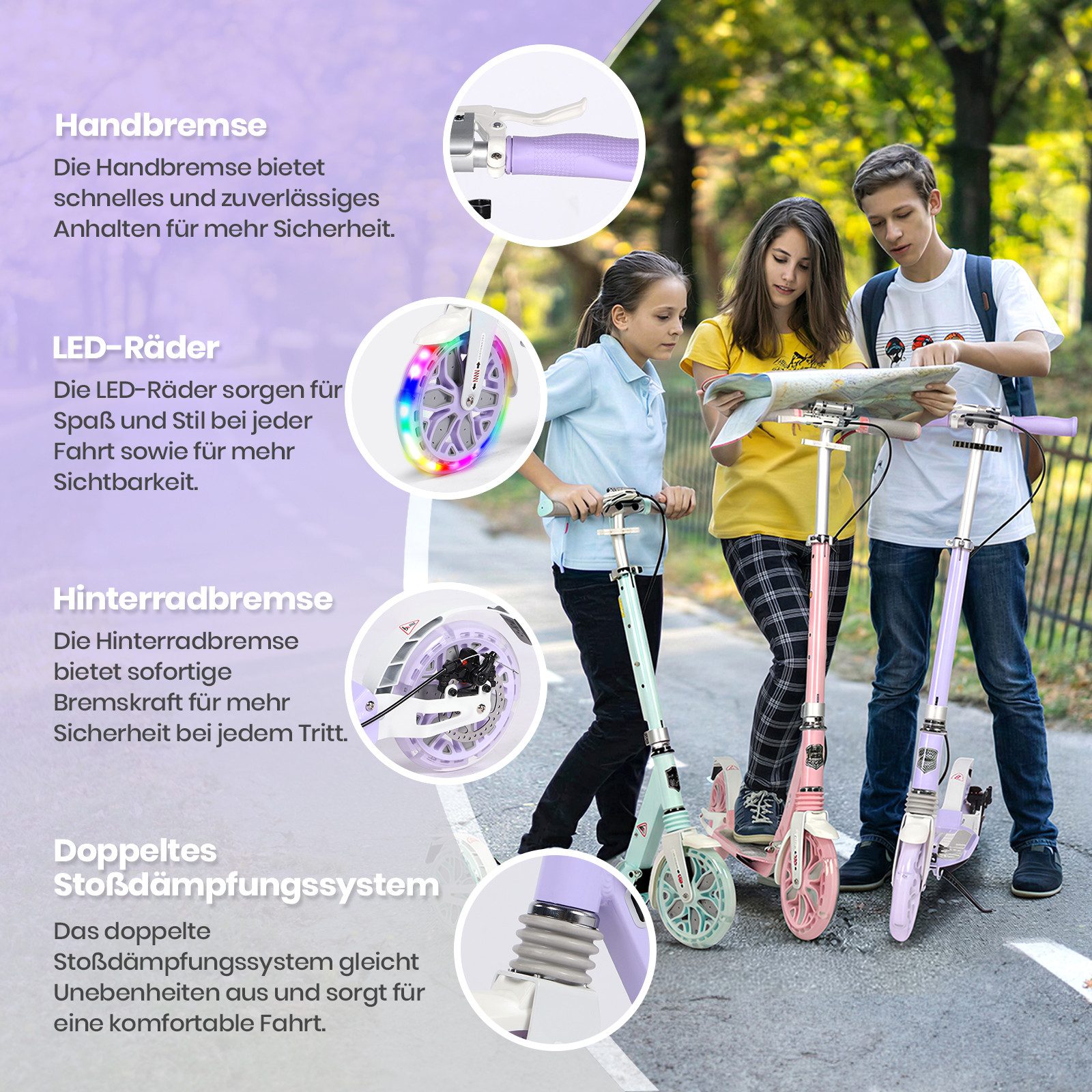 H.yeed Tretroller Kickscooter für Kinder ab 8–12 Jahren, mit Scheibenbremsen, Cityroller für Erwachsene mit Stoßdämpfung – Bild 4 von 5