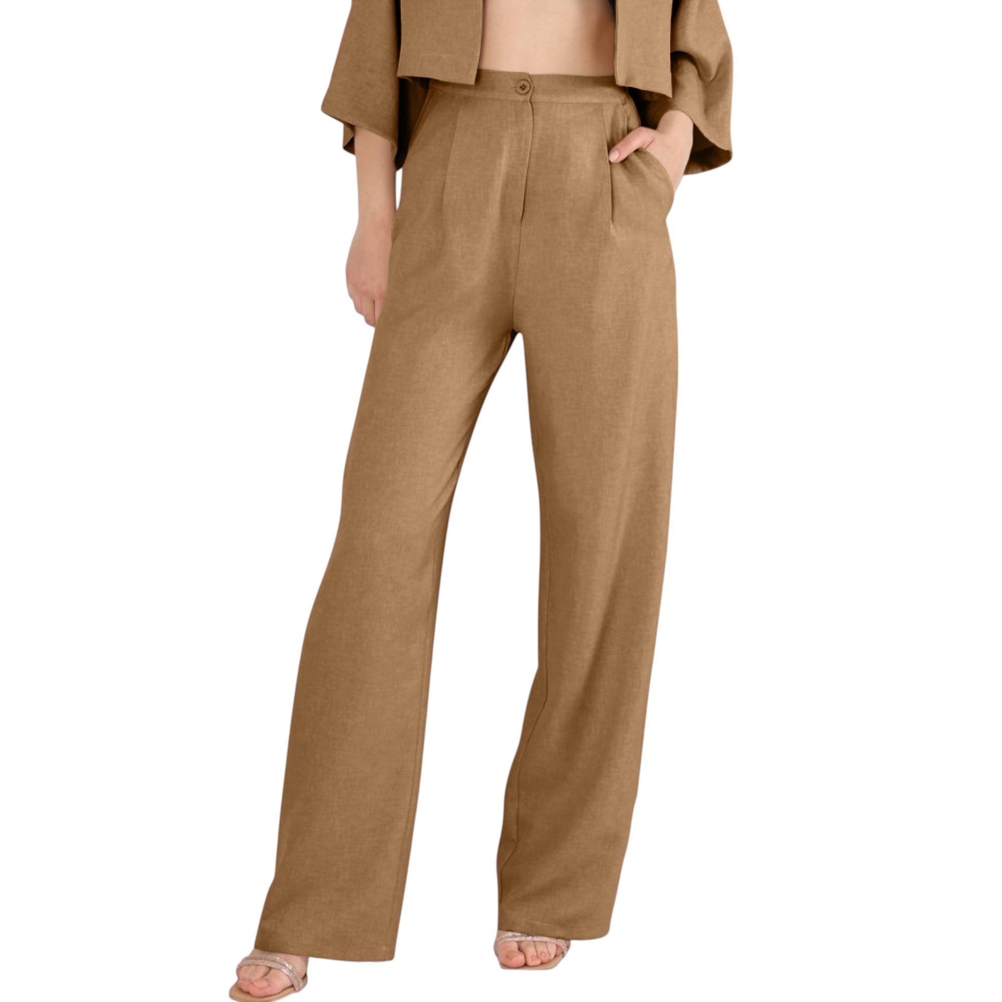 fashionshowcase Palazzohose Palazzohose Damen Hose in Leinenoptik – elegant Weites Bein XS braun