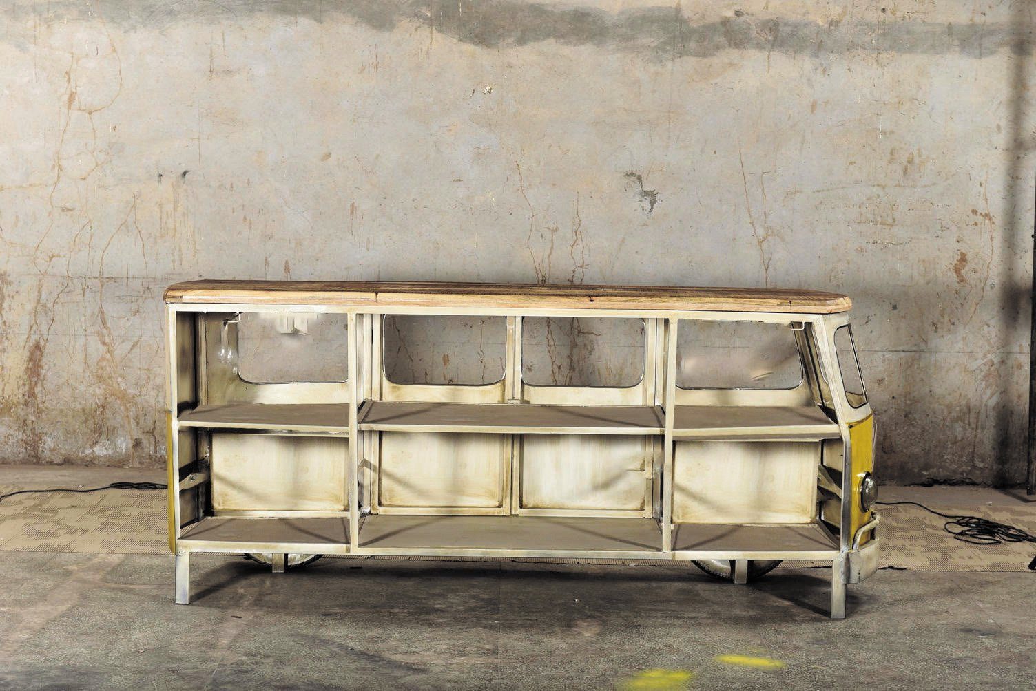 More2Home Tresentisch Unikat-Fahrzeug-Ladentheke BUS, Metall gelb-weiß / Mangoholz