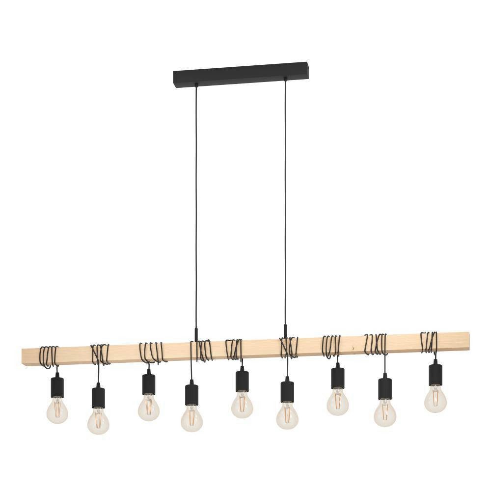 EGLO Hängeleuchte TOWNSHEND Hängelampe, Stahl und Holz, E27, IP20, Esszimmerlampe, Lampe, ohne Leuchtmittel, Pendellampe, L15 x B10 x H110 cm, braun, schwarz,  9X60W exkl.