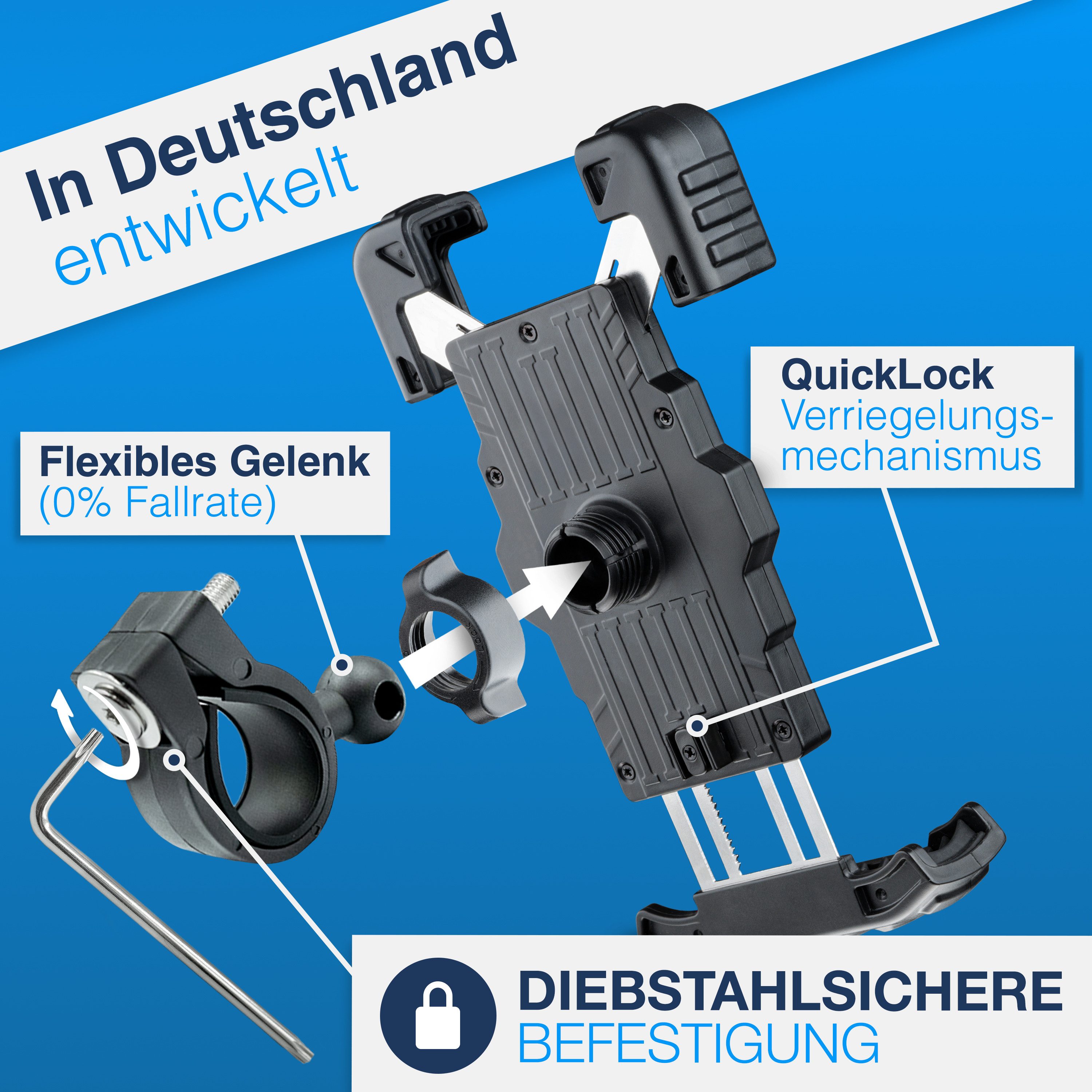Valkental Handy-Halterung PhoneFix Fahrrad, (für Lenker, werkzeugfrei montierbar & 360° drehbar)
