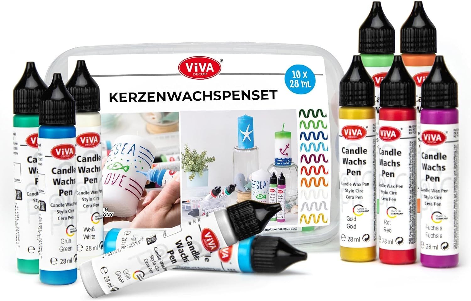 LM-Kreativ Kerzenmalfarbe Wachs Pen Set Festliche Jahreszeiten – 10 Farben je 28 ml, Kerzenstifte-Set, deckend, mischbar, feine Spitze