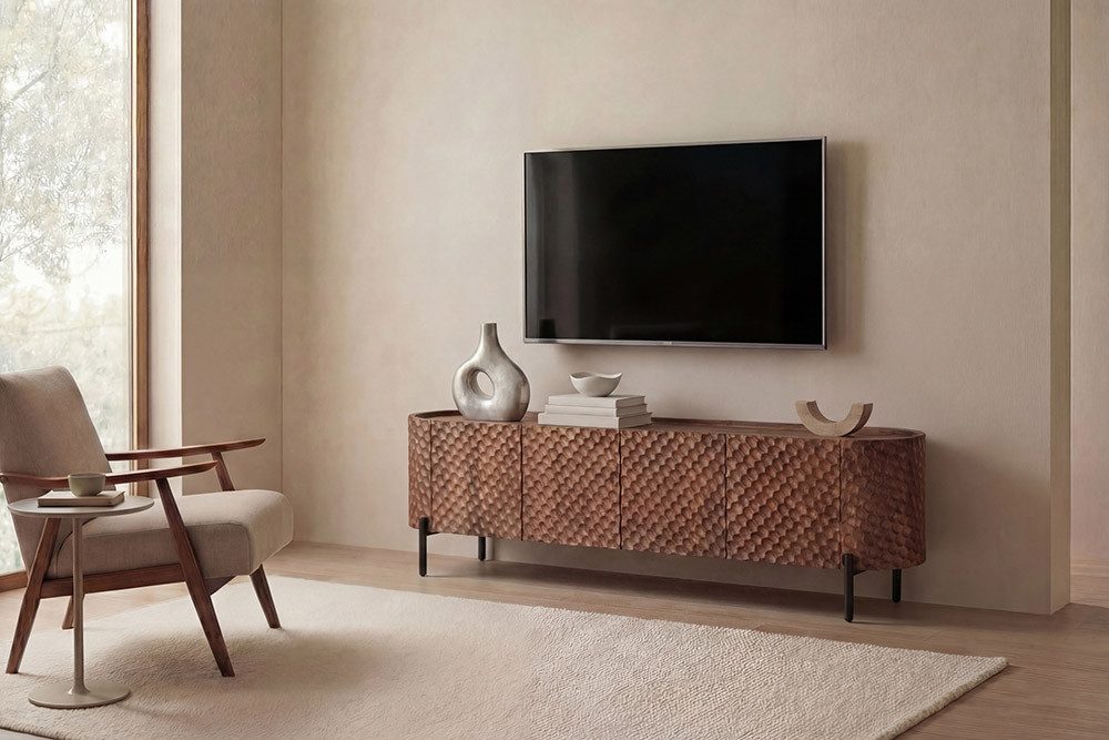 riess-ambiente TV-Board ADLON 160cm braun/schwarz - lackiertes Mango-Massivholz, 3D-Front (Einzelartikel, 1 St), Metallfüße, Kabelöffnung & Soft-Close-Funktion – ideal fürs Wohnzimmer
