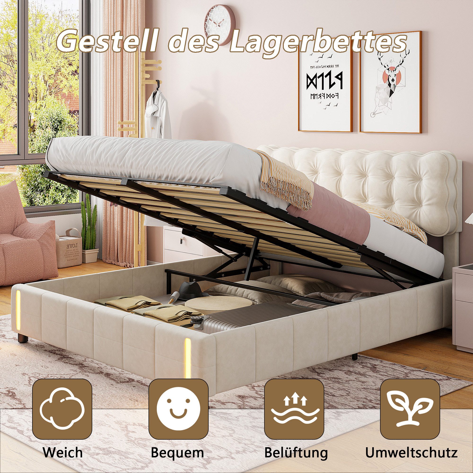 FUROKOY Polsterbett Doppelbett Hydraulisch Stauraumbett mit günstig online kaufen