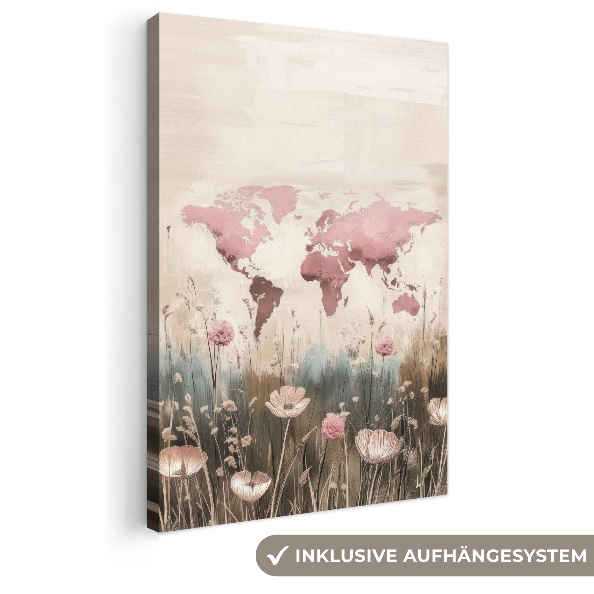 OneMillionCanvasses® Leinwandbild Weltkarte - Rosa - Blumen, Fotodruck (1 St), Leinwand Canvas Wandbild, Wanddekoration 20x30 cm