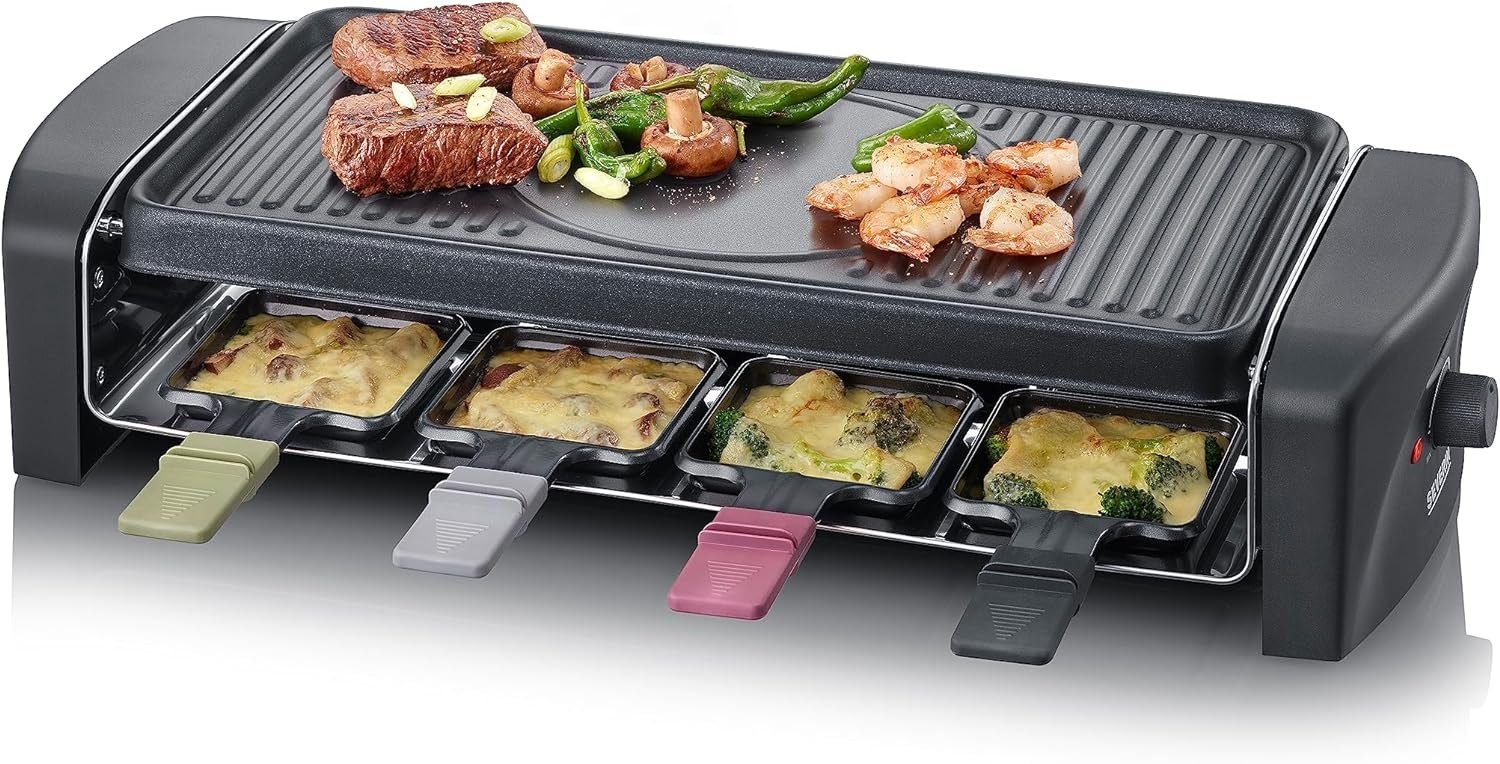 Severin Raclette Raclette-Grill, Raclette mit Grillplatte und 8 Raclette Pfännchen