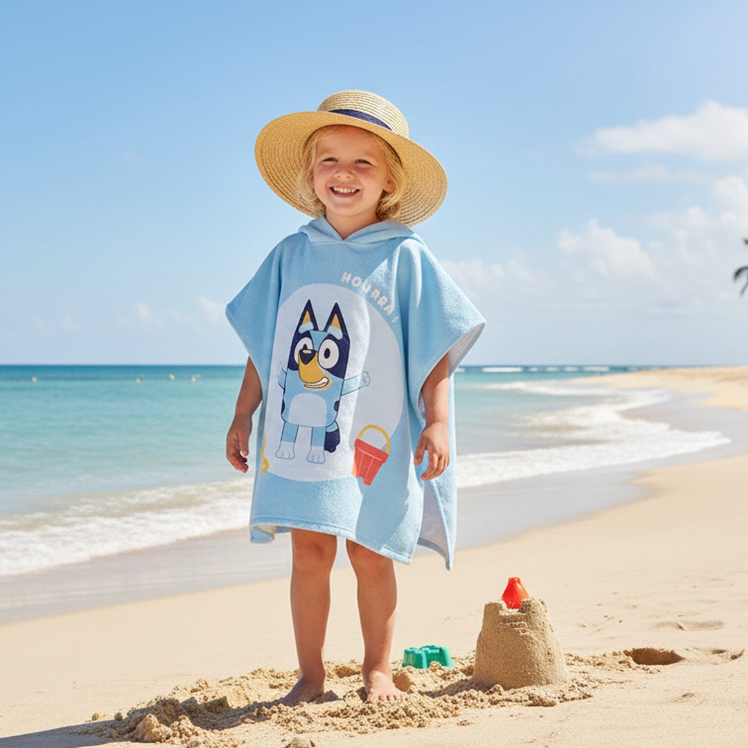 MTOnlinehandel Badeponcho Bluey 60x60 cm, Kinder Poncho mit Kapuze, weich & saugstark, 100% Baumwolle, Kapuze, schenkt Wärme, trocknet sanft und sorgt für geborgene Wohlfühlmomente