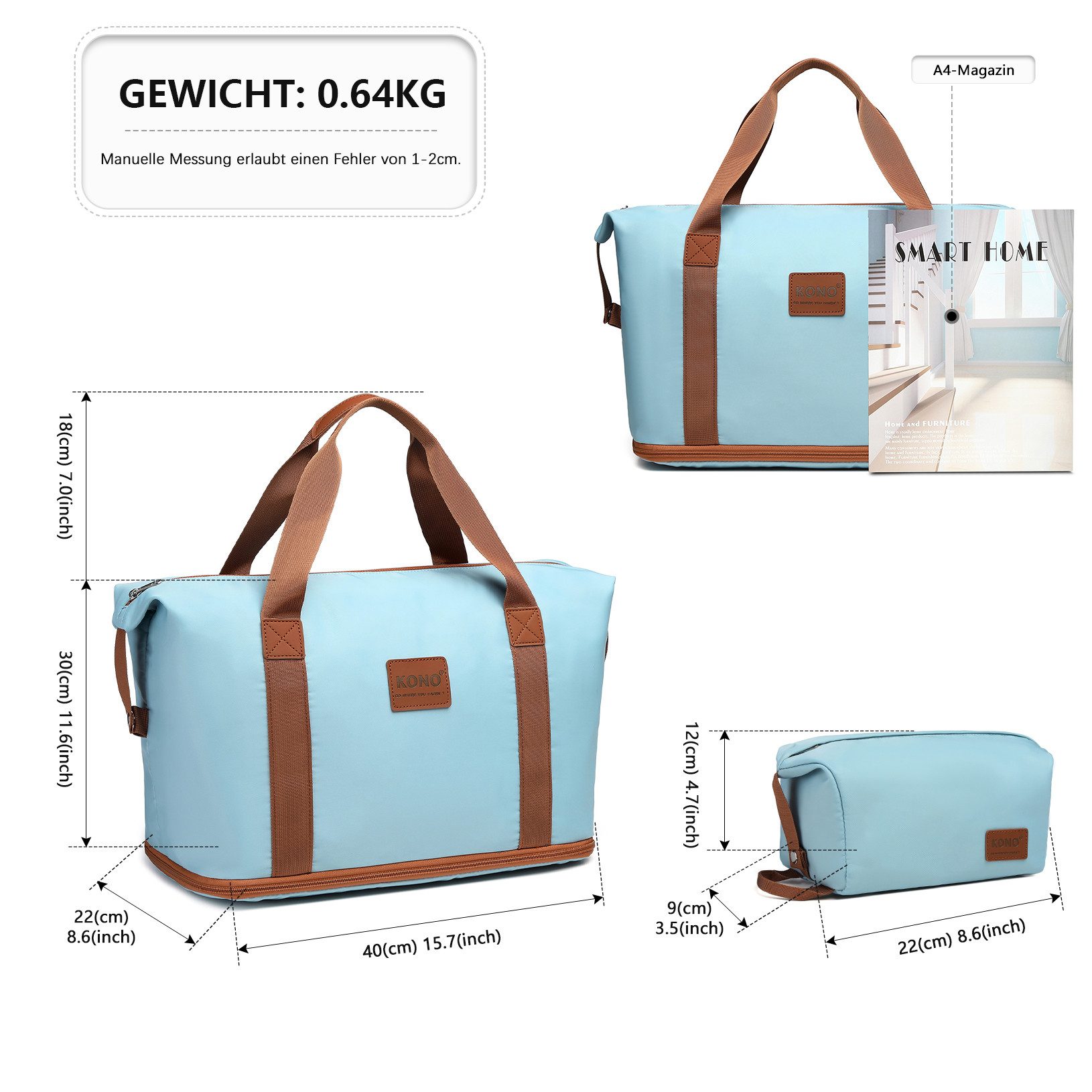 KONO Reisetasche 2-in-1 Set: Erweiterbare Handgepäck-Tasche (36L) + Kosmetiktasche, Praktisches und leichtes Design