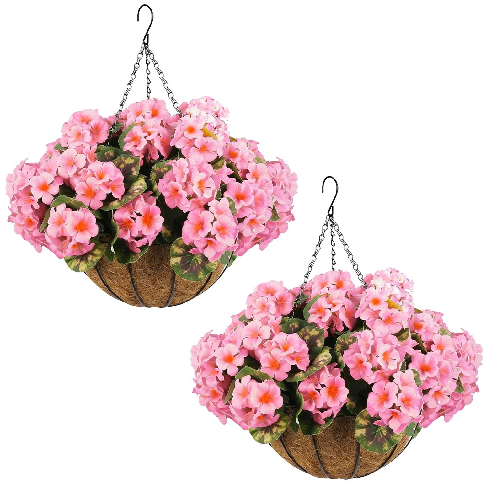 Kunstblumenstrauß 2er-Set künstliche Geranienblüten für den Außenbereich mit braunemKorb, GarveeMore, Hängepflanze 12PCS Geranienblüten für Weihnachten,Veranda,Garten