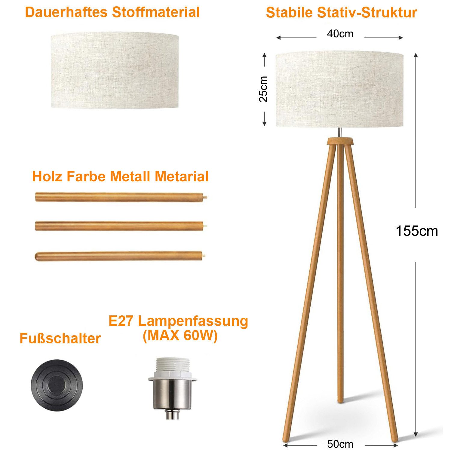 Lapamax LED Stehlampe Dimmbar Stehleuchte mit Dreibeinstativ Leinen Lampenschirm Stehlampe, E27 3 Farbtemperaturen Glühbirne, Stativ Leseleuchte Bodenlampe mit Fußschalter Wohnzimmer Standleuchte