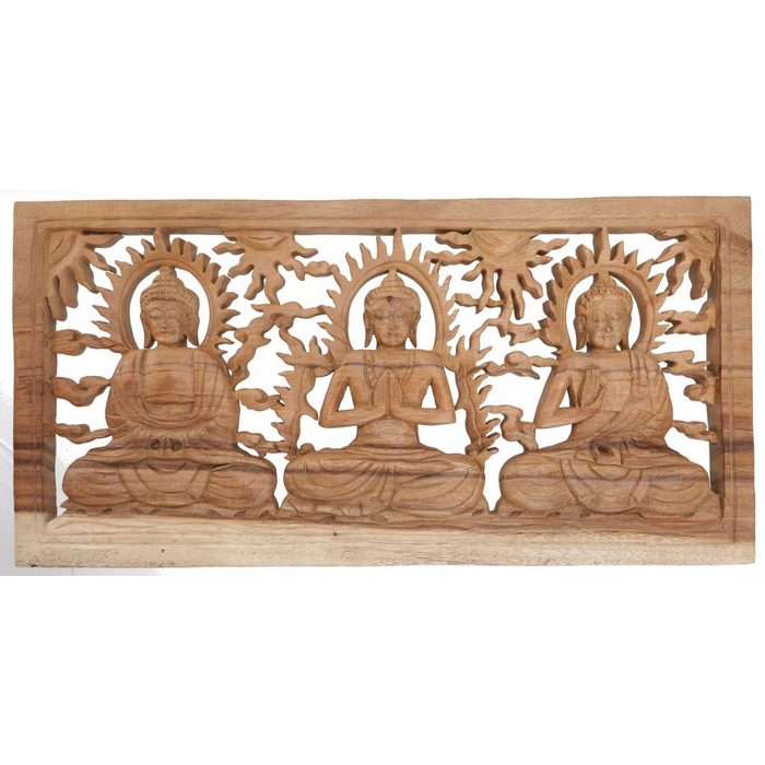 Guru-Shop Dekoobjekt Geschnitztes Wandbild Deko Wandrelief - 3 Buddhas
