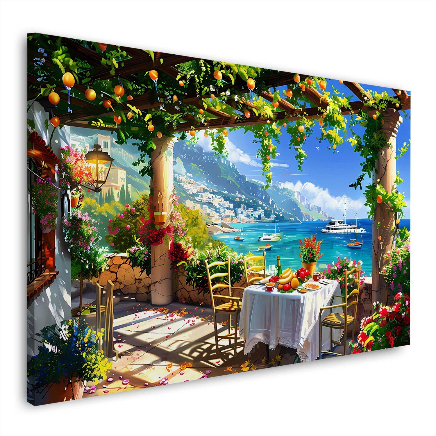 Artedinoi Leinwandbild Mediterrane Terrasse Meerblick Italien Wandbild Leinwandbild Kunstdruc, Mediterrane Terrasse mit Meerblick