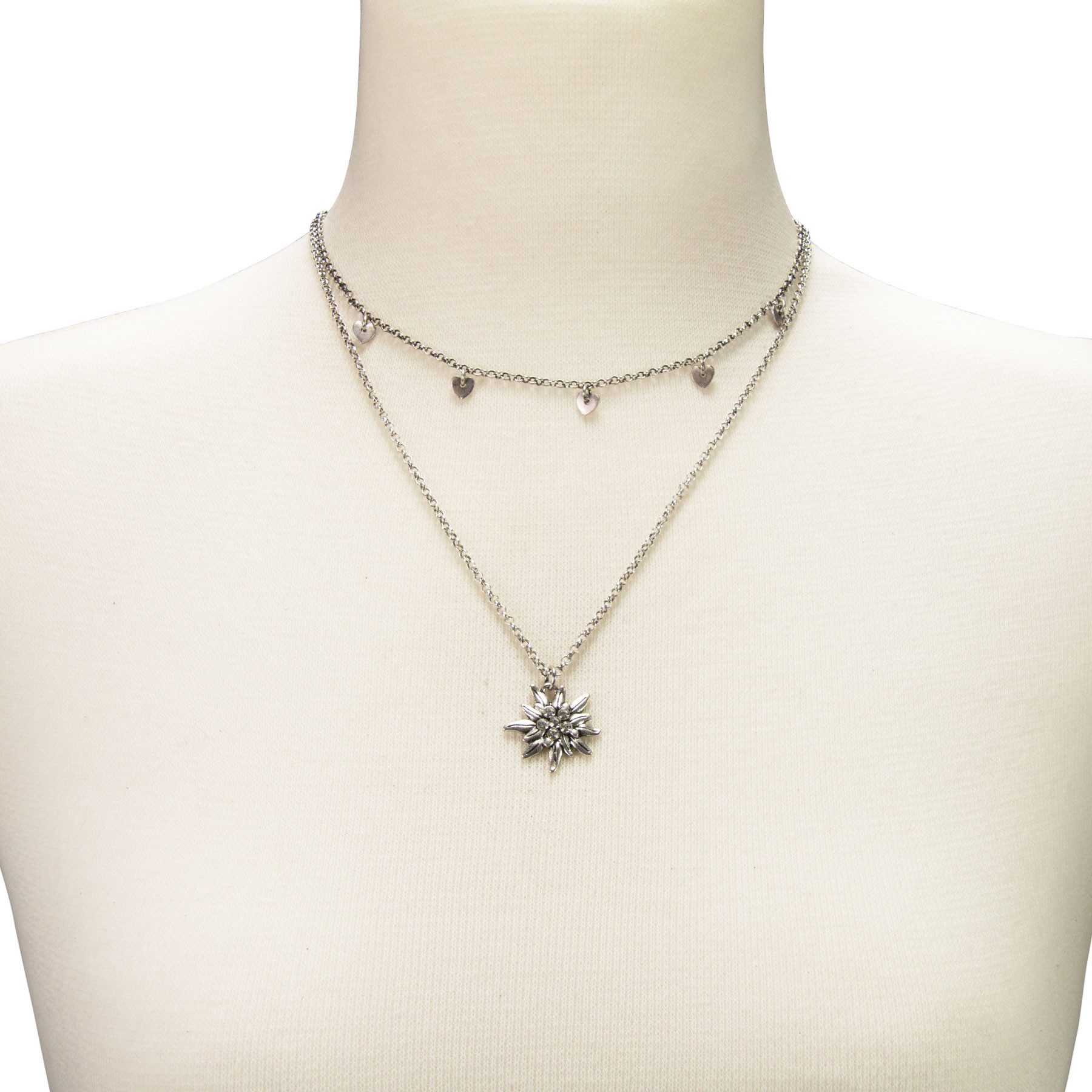 Alpenflüstern Collier Metall-Trachtenkette Strass-Edelweiß & Herzchen (antik-silber-farben), - Damen-Trachtenschmuck Dirndlkette – Bild 4 von 4