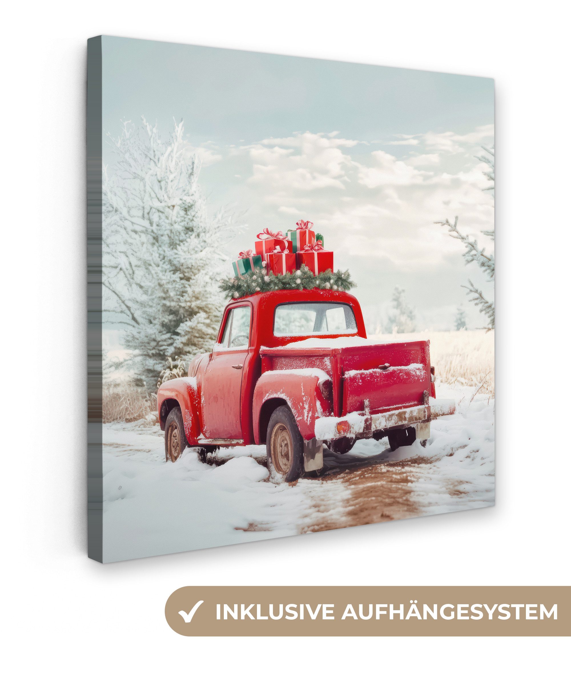 OneMillionCanvasses® Leinwandbild Auto - Rot - Geschenke - Winter - Schnee - Weihnachten, Fotodruck (1 St), Wandbild, Deko Schlafzimmer Wohnzimmer Flur 20x20 cm