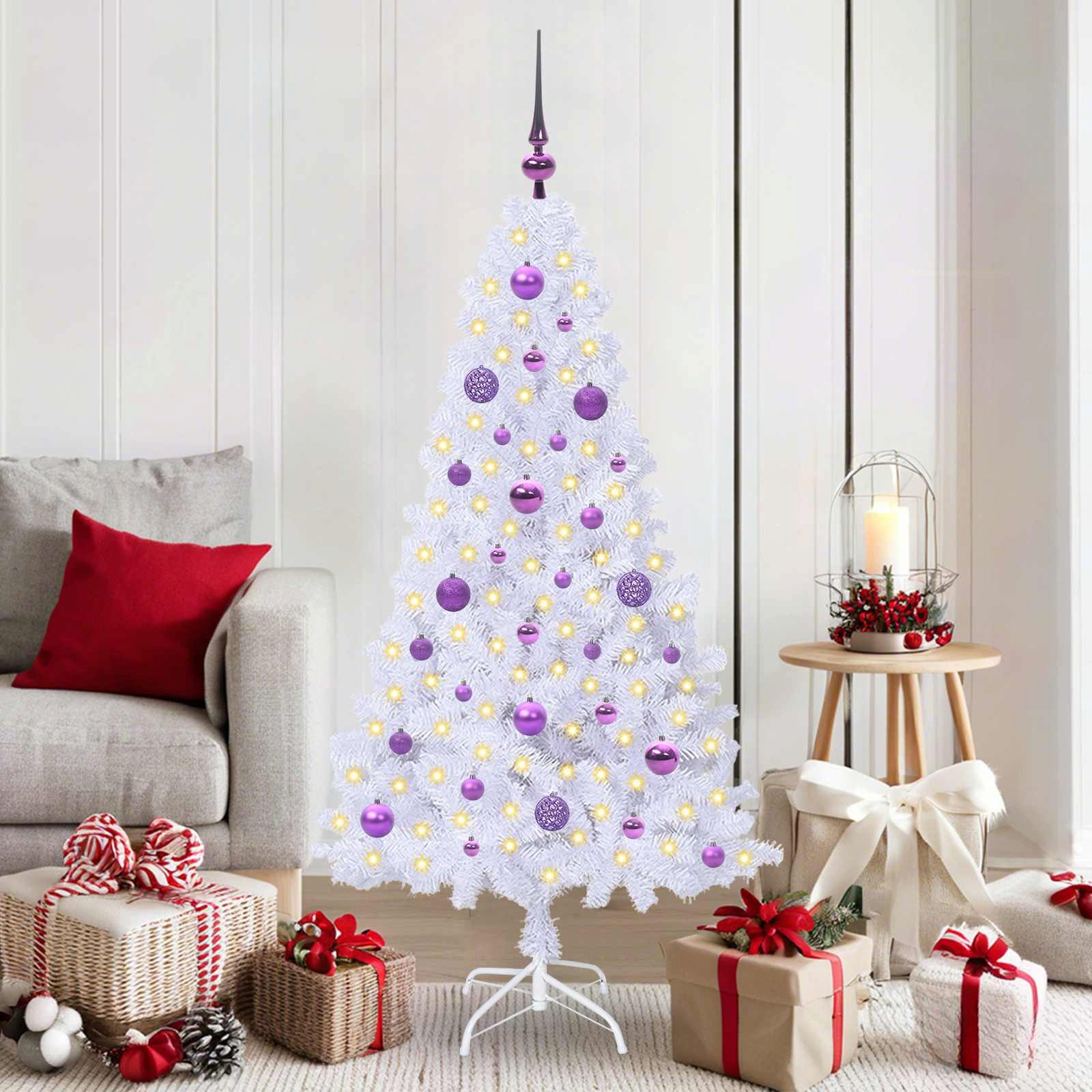 furnicato Künstlicher Weihnachtsbaum Weißer Weihnachtsbaum mit LED, 150 cm Höhe, 80 cm Durchmesser, Lila Tannenbaum mit 8 Blinkmodi und USB-Anschluss für den Garten