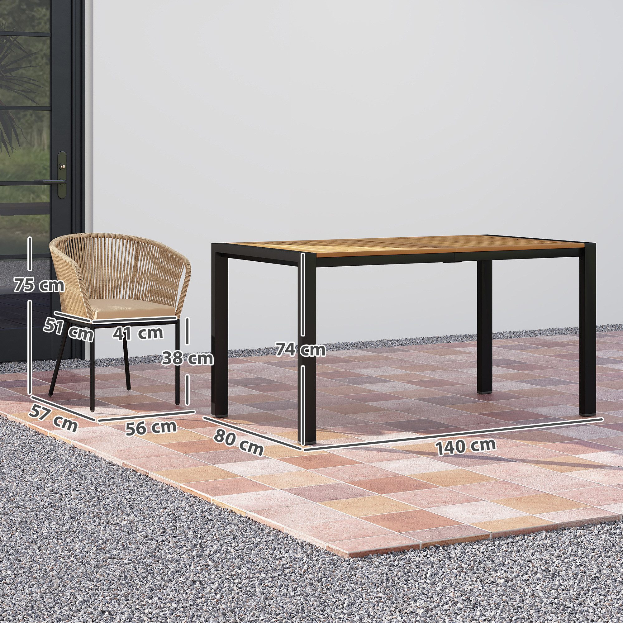 Outsunny Sitzgruppe mit Tisch, 4 Stühle, abnehmbar Sitzkissen, (wetterfest Balkonmöbel für 4 Personen, 5-tlg., 5-teiliges Polyrattan Gartenmöbel-Set), für Balkon, Garten, Naturholz+Khaki