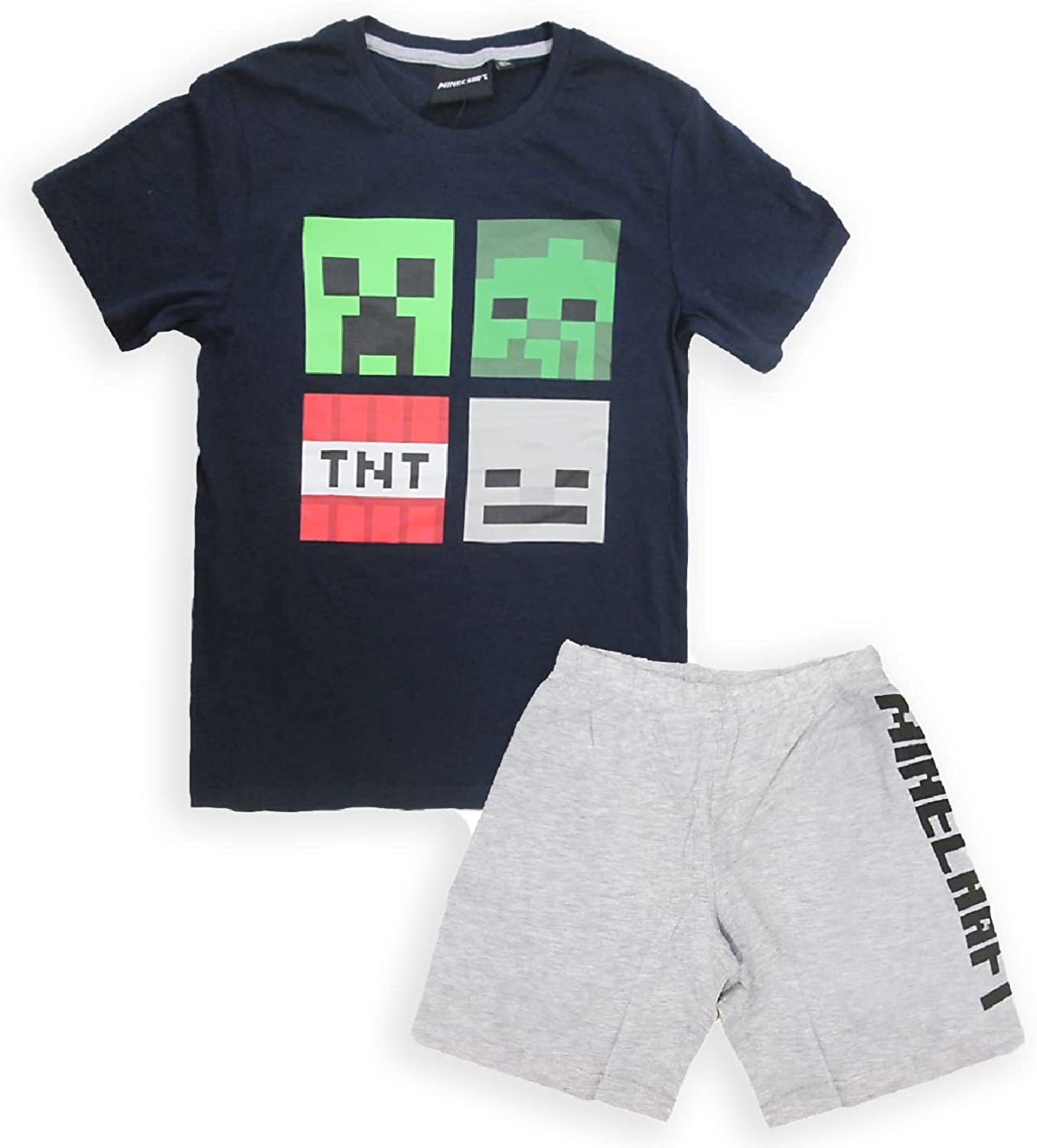 Minecraft Pyjama kurzer Mädchen Jungen + Schlafanzug Pyjama Shorty MINECRAFT Dunkelblau