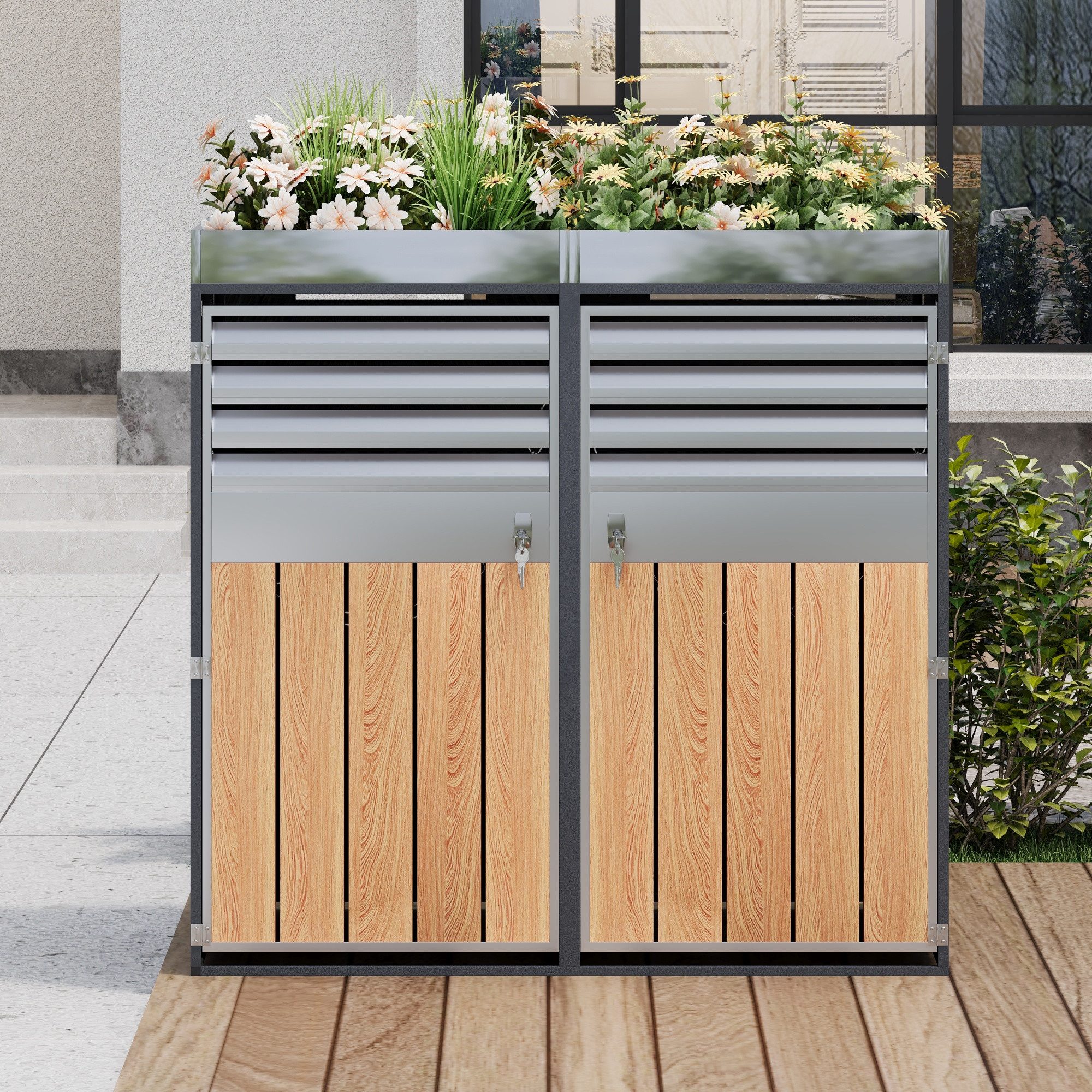 Flieks Mülltonnenbox (1 St), Mülltonnenschrank für 2 Tonnen 120–240L mit Pflanzdach Lüftungsöffnung