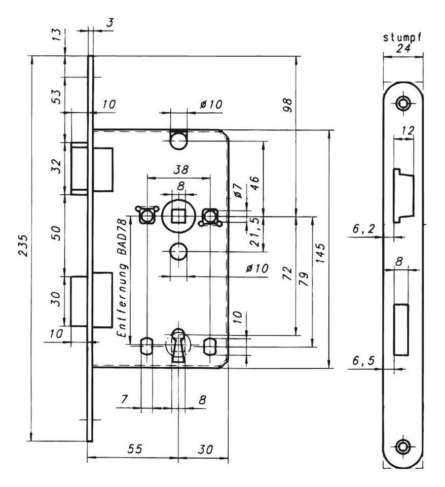 Thumbnail - Sächsische Schlossfabrik Einsteckschloss, Innentüren 55/72 Buntbart 24 eckig silber Rechts