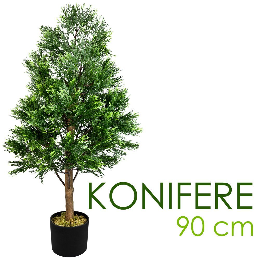 Kunstbaum Konifere Lebensbaum Kunstbaum Künstliche Pflanze mit Echtholz 90 cm, Decovego