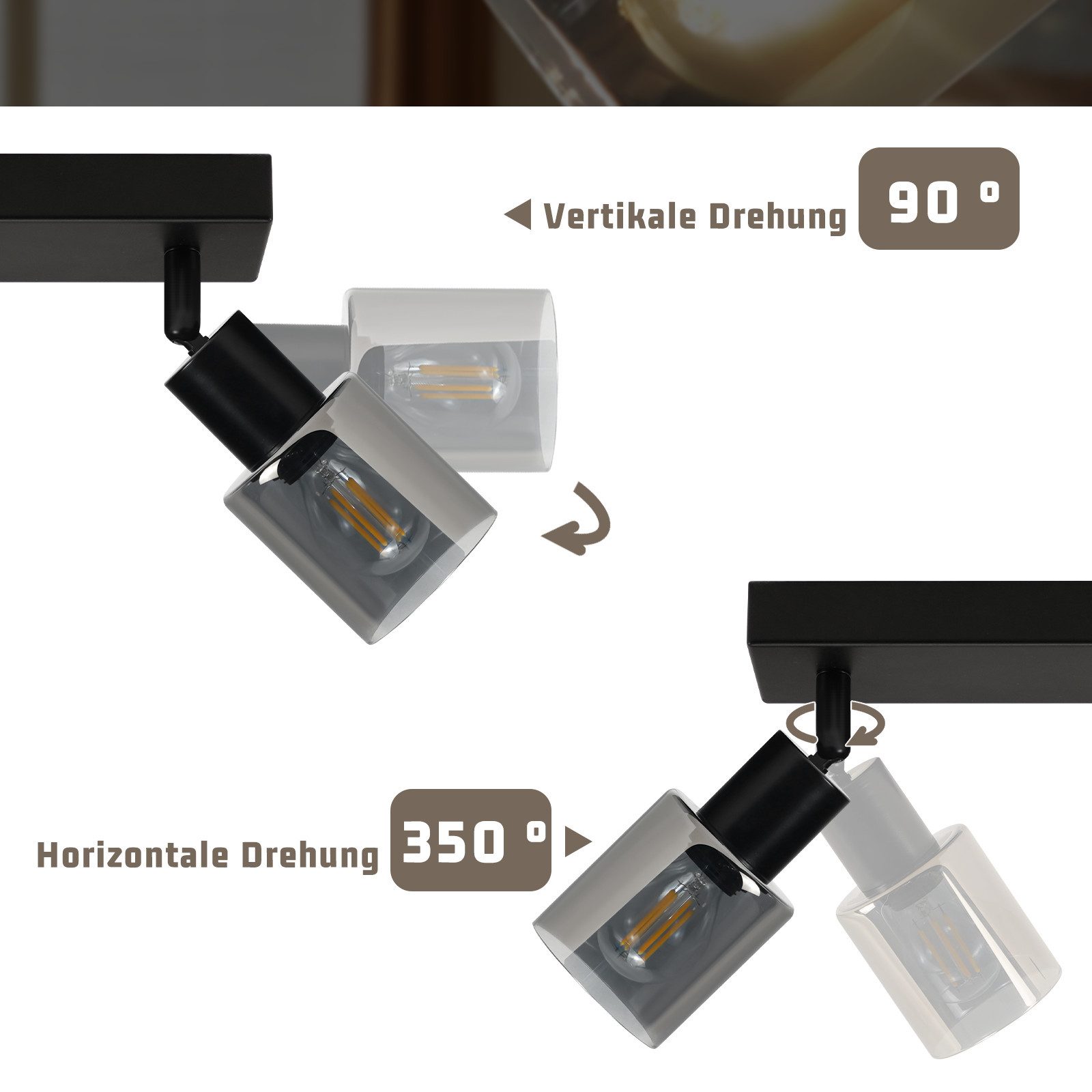 Nettlife Deckenstrahler Vintage Schwarz Glas E14 Retro Deckenleuchte Schwenkbar 350°, LED wechselbar, Flur Wandstrahler für Küche Wohnzimmer – Bild 5 von 5