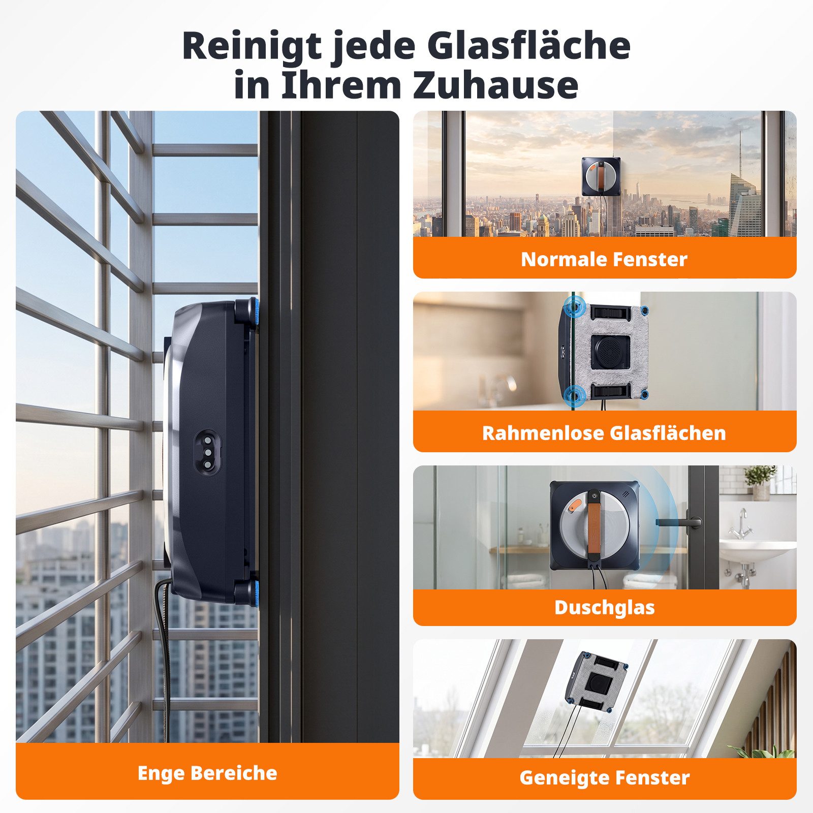 Airmsen Fensterputzroboter Fensterreiniger Elektrisch mit 180 ml Wassertank, 6-Punkt-Sprühsystem, Anti-Rutsch-Räder,Sprachsteuerung, automatische Fensterreinigung