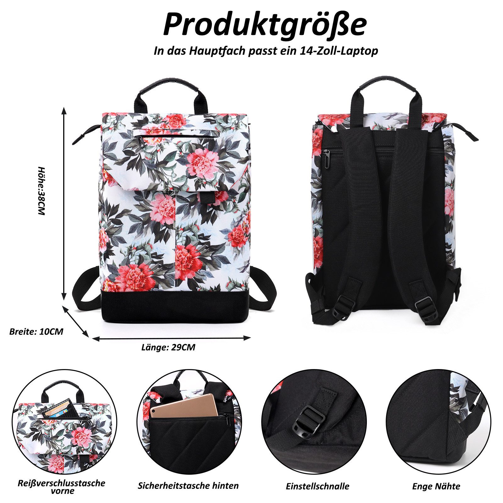 TAN.TOMI Freizeitrucksack Rucksack Damen Elegant Daypack Wasserdichter Tagesrucksack, mit Laptopfach 15.6Zoll & Anti Diebstahl Tasche für Reise, Uni, Schule – Bild 3 von 5