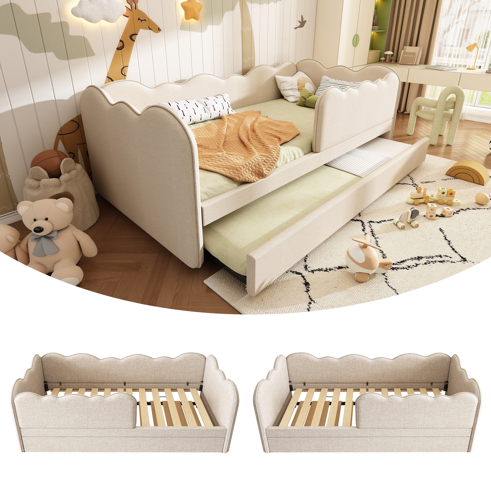 Flieks Daybett, Polsterbett Tagesbett Schlafsofa Kinderbett 90x190cm mit Ausziehbett