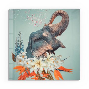 DEQORI Glasbild 'Blüten umrahmen Elefant', 'Blüten umrahmen Elefant', Glas Wandbild Bild schwebend modern