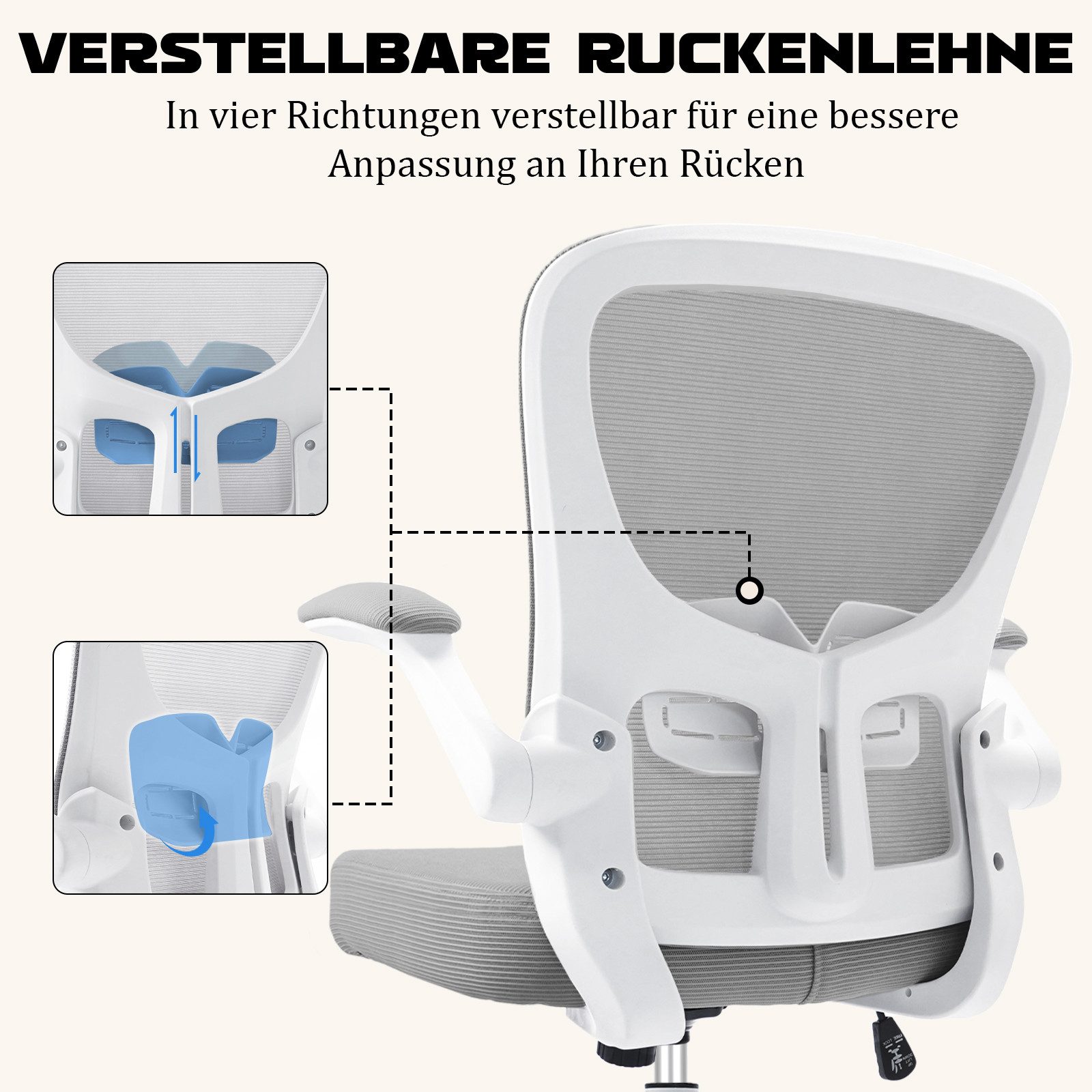 Durrafy Bürostuhl Ergonomischer Bürostuhl,Schreibtischstuhl mit klappbaren Armlehnen (Höhenverstellbarer Drehstuhl mit Wippfunktion bis 130°,Computerstuhl mit verstellbarer Lendenwirbelstütze und leisen Rollen), Chefsessel mit 150 kg Tragfähigkeit