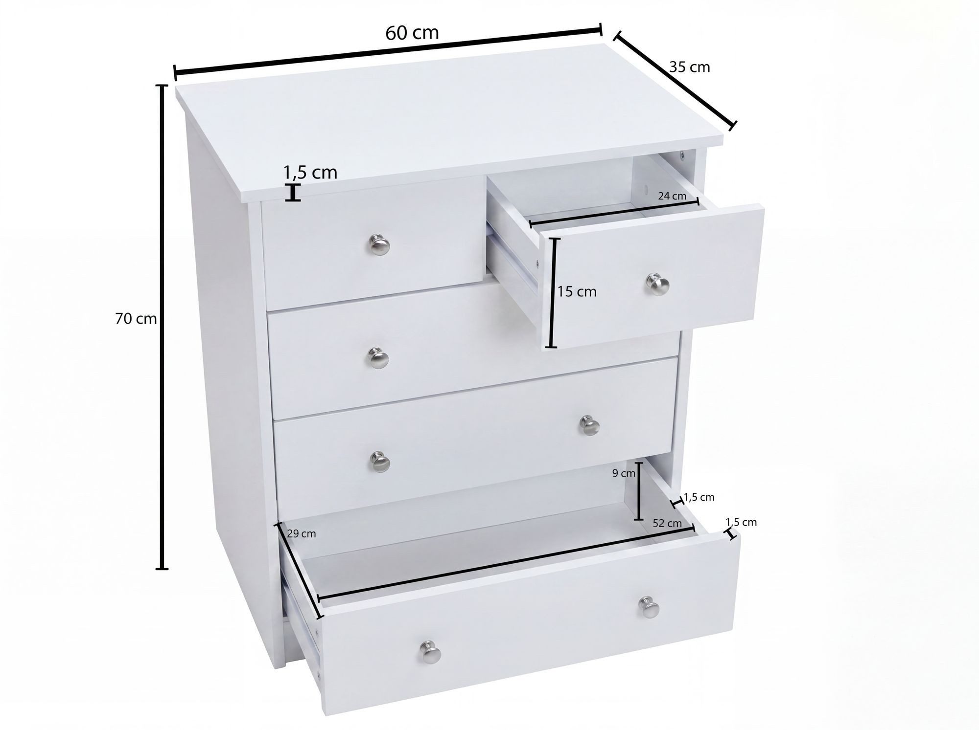 FINEBUY Sideboard SuVa1595_1 Schubladenkommode mit 5 Schubladen 60cm Kommode zeitlos (Kommode 60x70x35 cm Weiß mit 5 Schubladen Modern), Kommodenschrank Flur, Design Mehrzweckanrichte