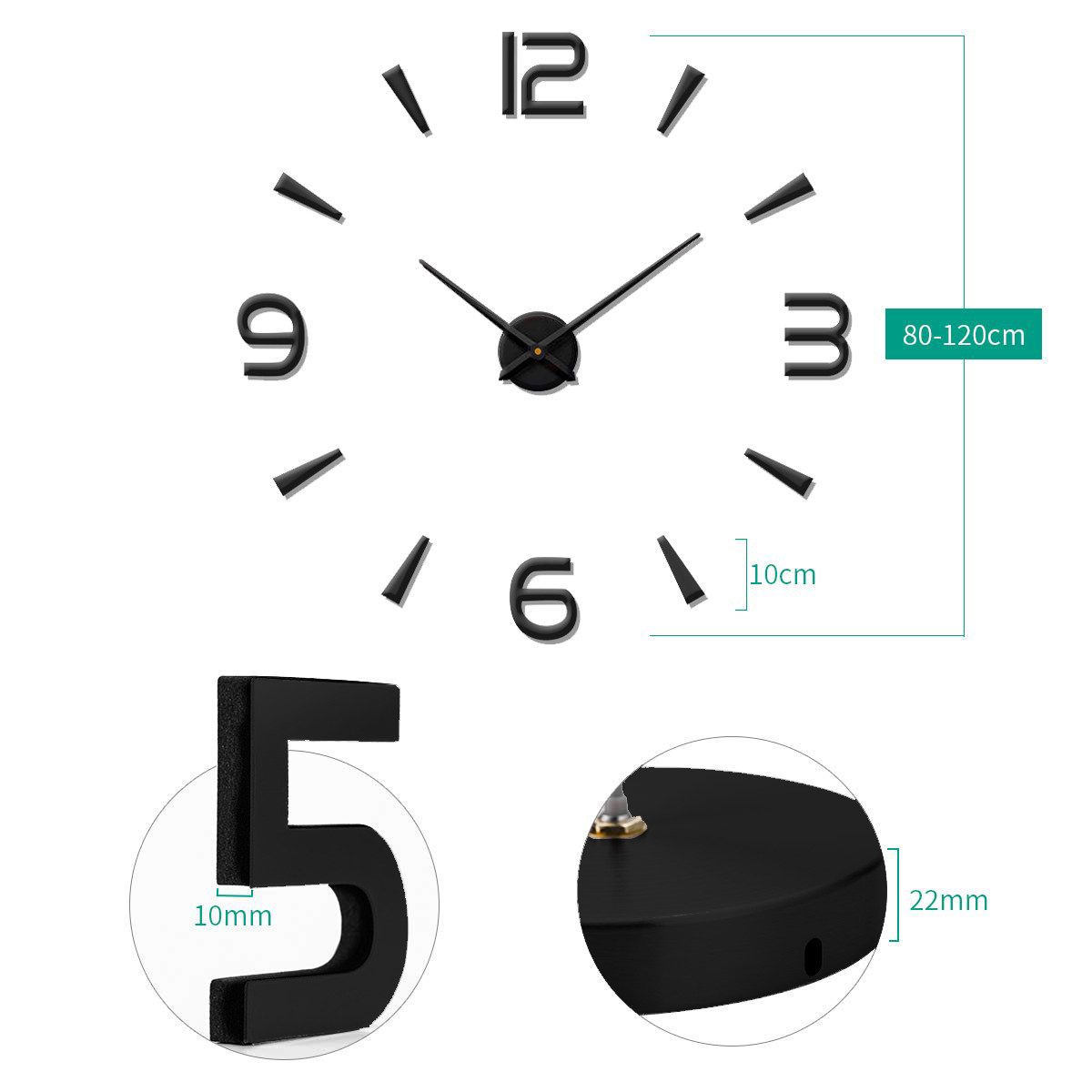 MOPUEA Wanduhr DIY Wanduhr 80-120cm große einfache-Wanduhr 3D Zahlen stille Acryl-Uhr (Lautlos für Restaurants Wohnzimmer Schlafzimmer Dekoration Uhr) – Bild 3 von 5