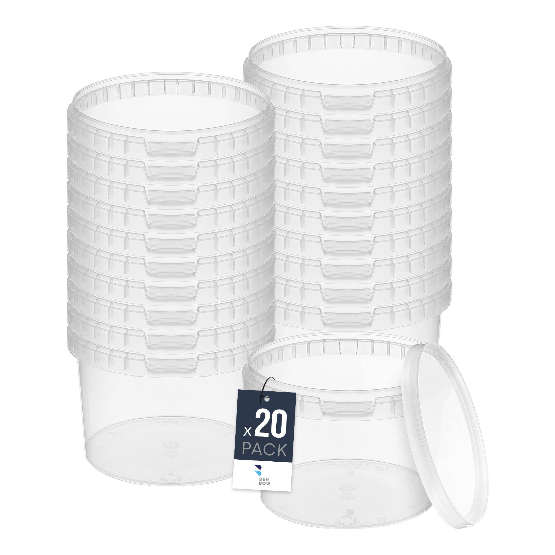 BENBOW Aufbewahrungssystem Eimer mit Deckel 30 20 10 5 3 1 0,5 L Transparent Lebensmittelecht, Polypropylen - Lebensmittelecht, Geschmacksneutral, Auslaufsicher, (20-tlg., PZH-, BRC- und DIN-ISO-zertifiziert), für Lebensmittel, Farben, Chemikalien