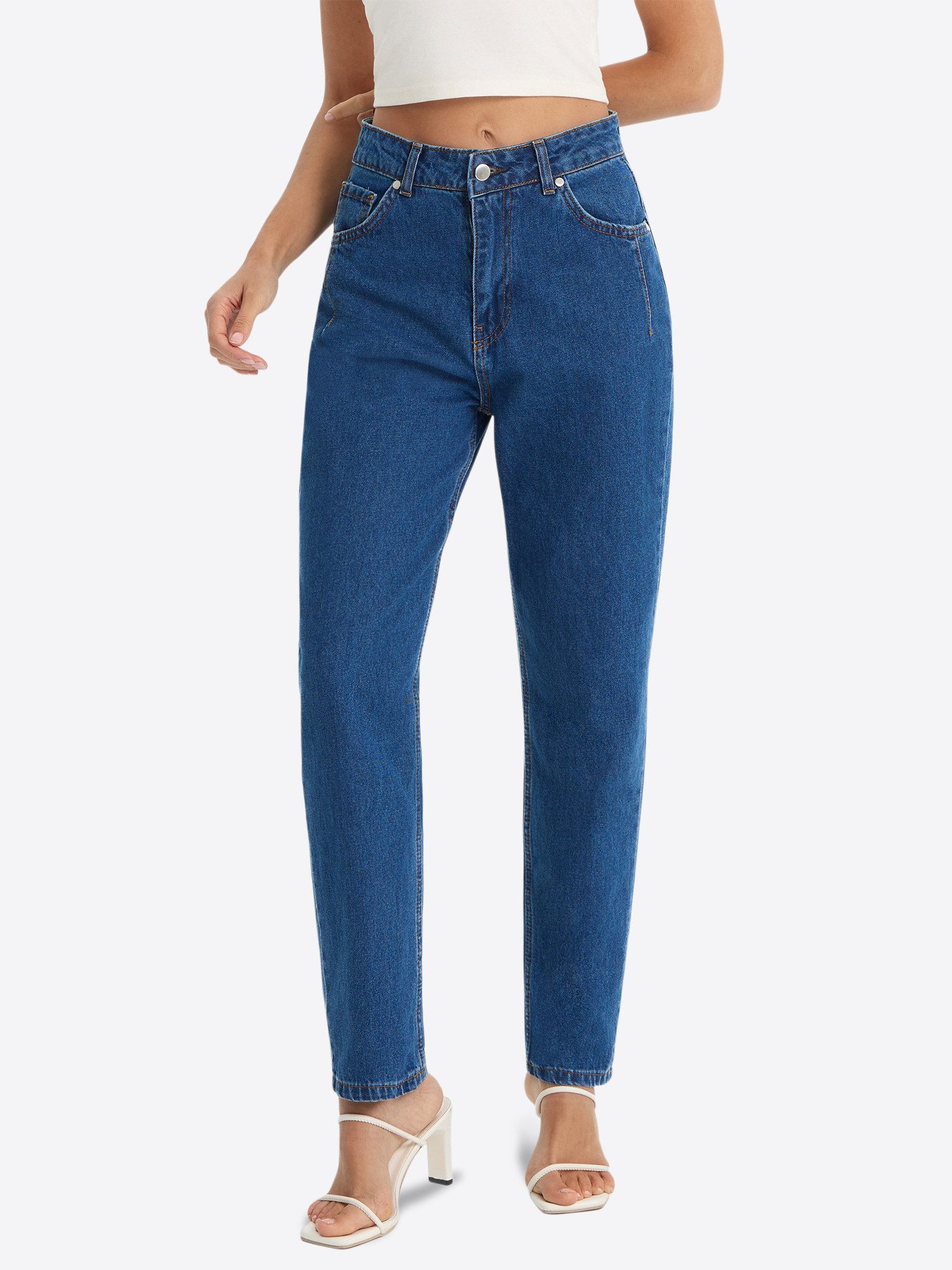 Imily Bela Ankle-Jeans Damen High-Waist Straight Karotte Leg aus Baumwolle Denim (Packung, 1-tlg., 1per-Pack) mit Eingrifftaschen in Unifarbe