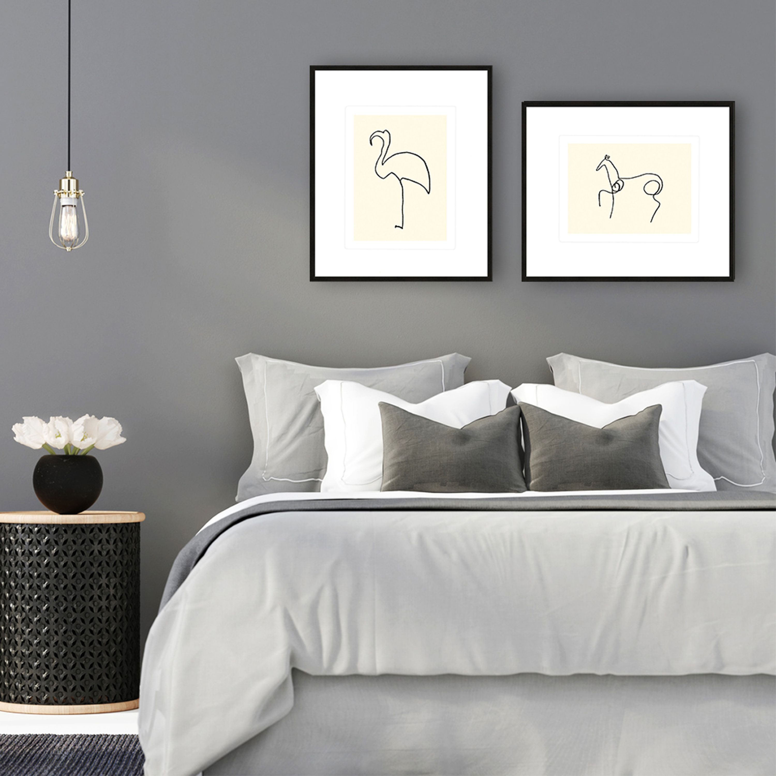 artissimo Bild mit Rahmen gerahmter Siebdruck 53x63 cm / schwarz-weiß Zeichnung / Tiere, Pablo Picasso: Der Flamingo/ Le flamand rose