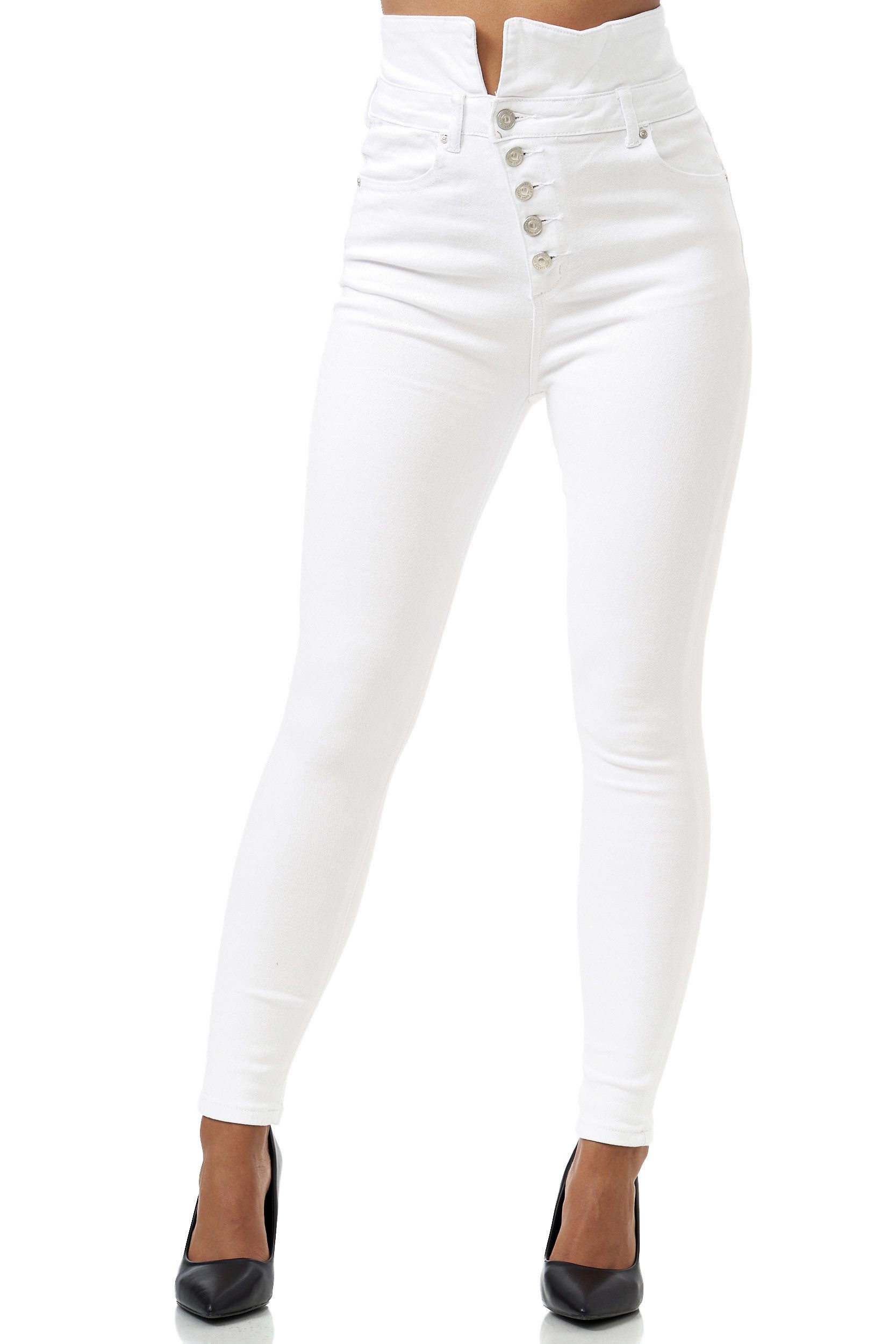 Elara Straight-Jeans — Damen High-Waist Skinny Jeans mit Korsettbund und Knopfleiste
