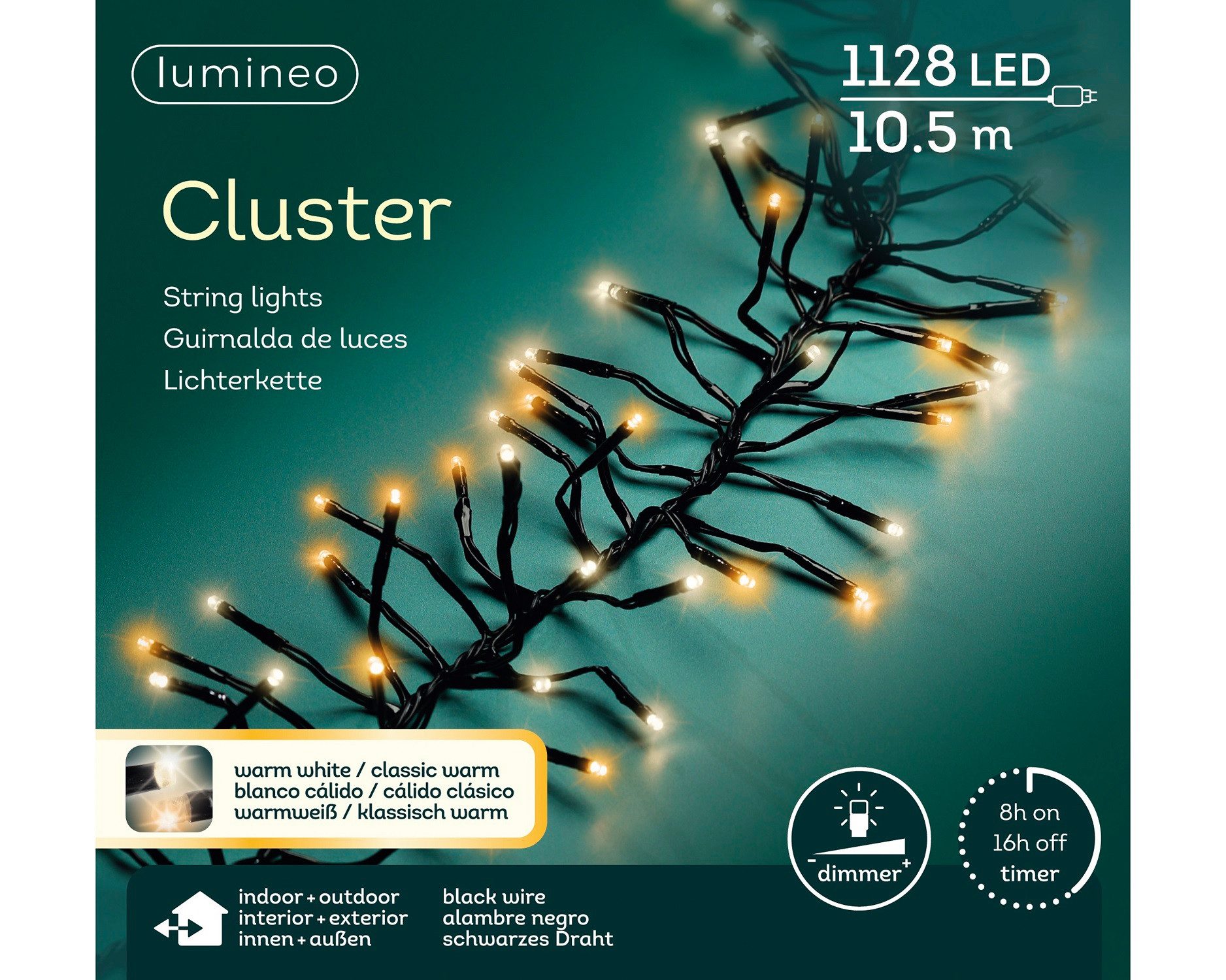 Lumineo LED-Lichterkette Lumineo Lichterkette CLUSTER 1128 LED 10,5m warm weiß + klassisch warm, Dimmbar, 8h-Timer, Indoor/Outdoor, 2 Farben