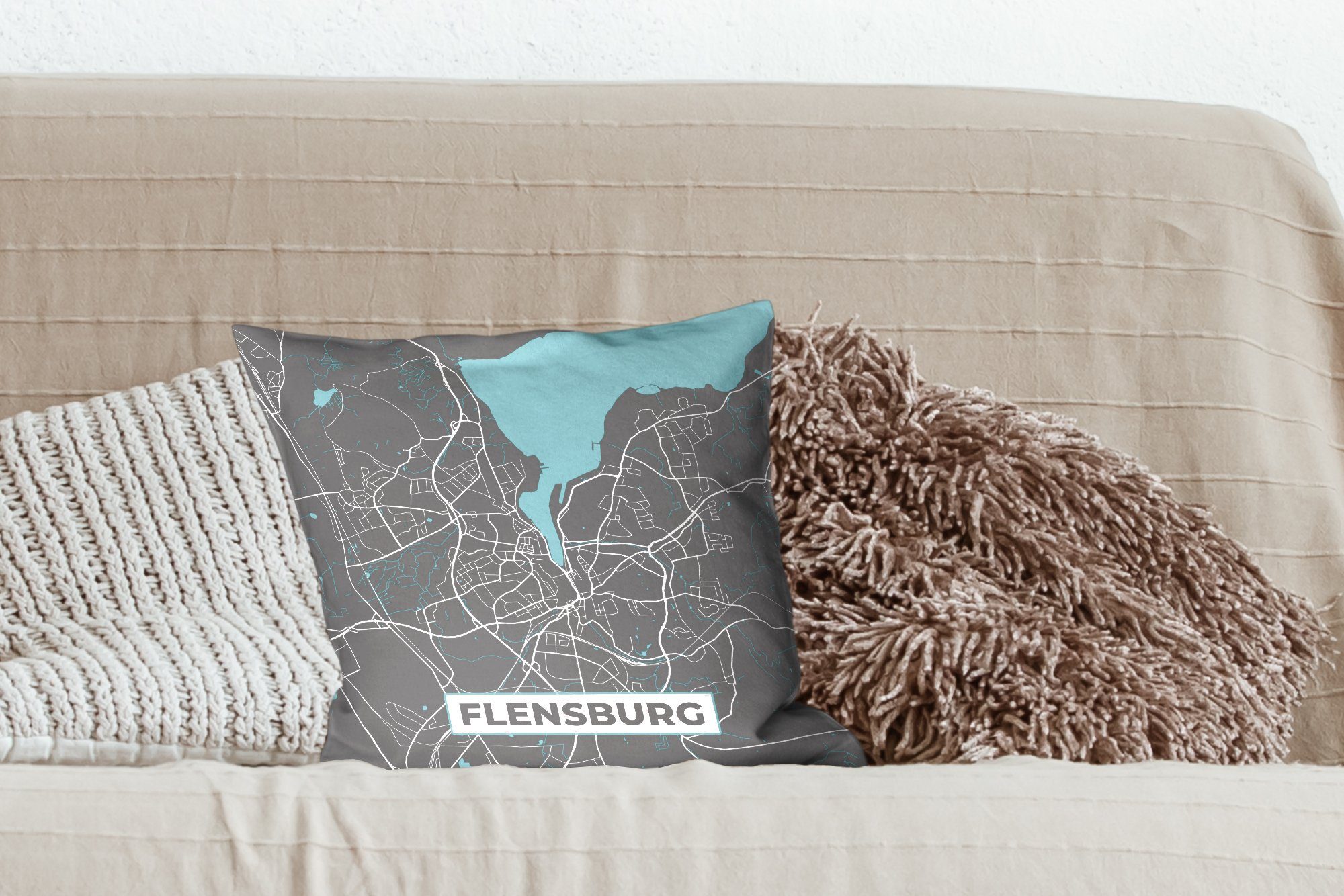 MuchoWow mit - - für Karte, Blau Karte Zierkissen Stadtplan Deutschland Wohzimmer, - Füllung Deko, Dekokissen Flensburg - Sofakissen - Schlafzimmer,