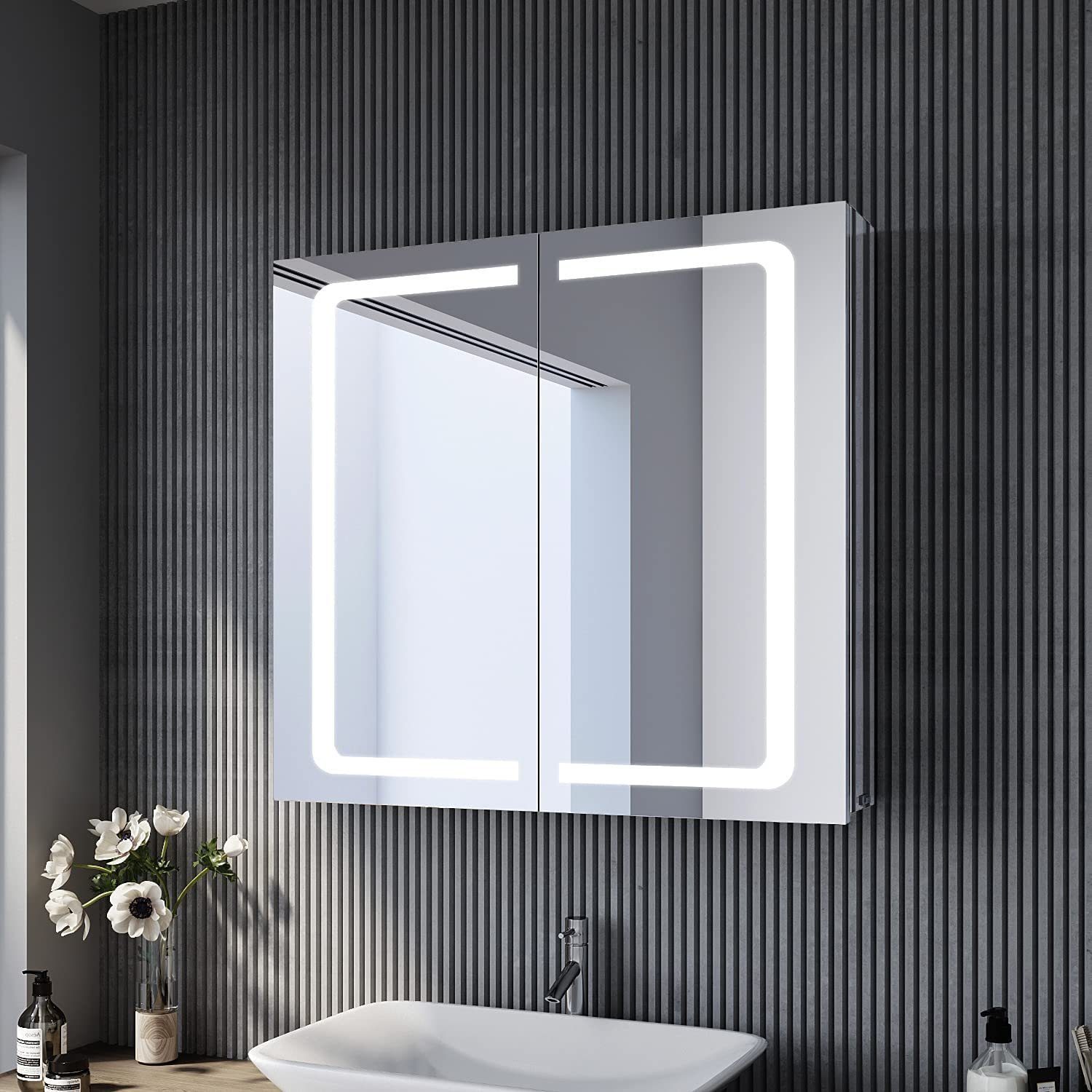 SONNI Spiegelschrank »Spiegelschrank Badezimmer mit Beleuchtung 70x65cm  Edelstahl mit Steckdose Kippschalter Kabelloses Scharnier Design« online  kaufen | OTTO